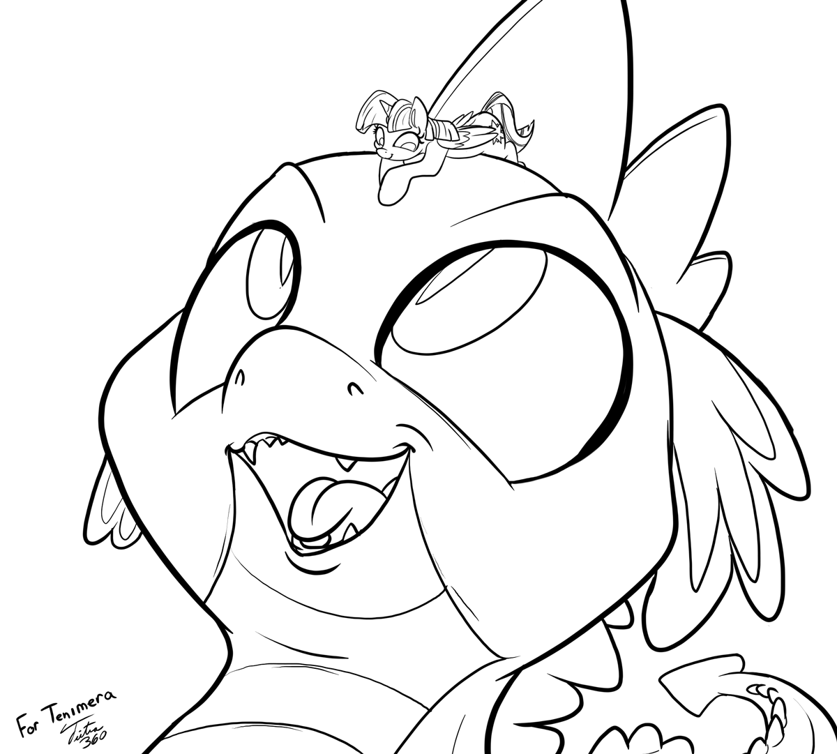 #1358288 - alicorn, artist:tsitra360, dragon, lineart, macro, micro