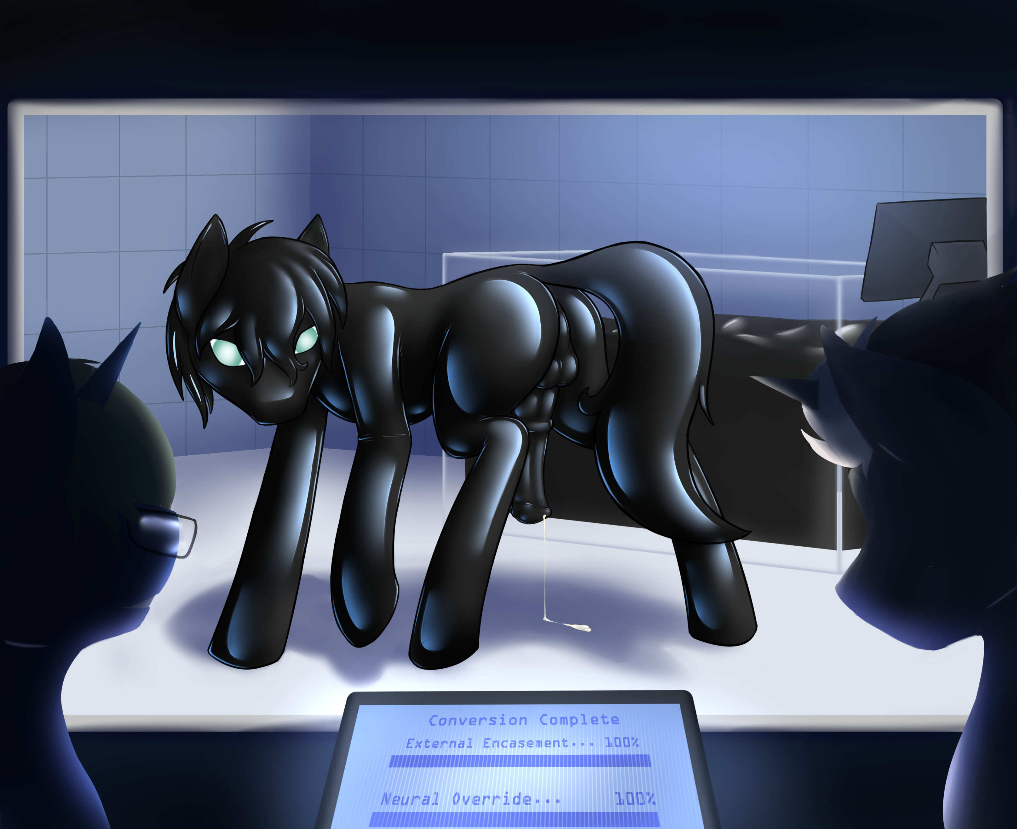 1397353 - explicit, artist:daf, oc, oc only, oc:hypno swirl, oc:nova spark,  oc:poison trail, earth pony, latex pony, pony, balls, bondage, cum, empty  eyes, encasement, high res, horsecock, laboratory, latex, living latex,  living