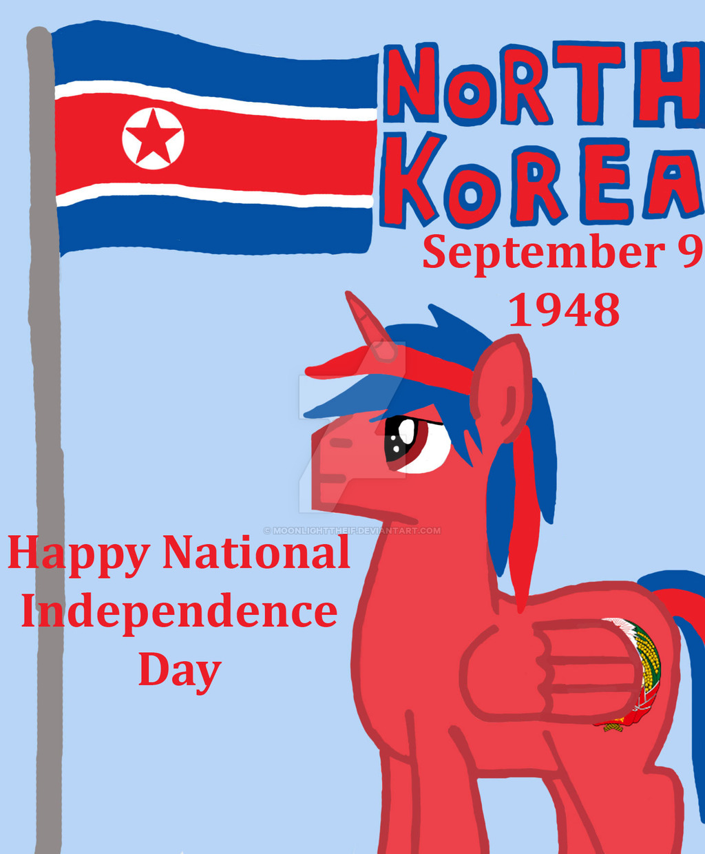 1411893 - safe, artist:moonlighttheif, oc, oc only, alicorn, pony, flag,  independence day, nation ponies, national day, north korea, north korean  national day, north korean national independence day, ponified, simple  background, solo, watermark -