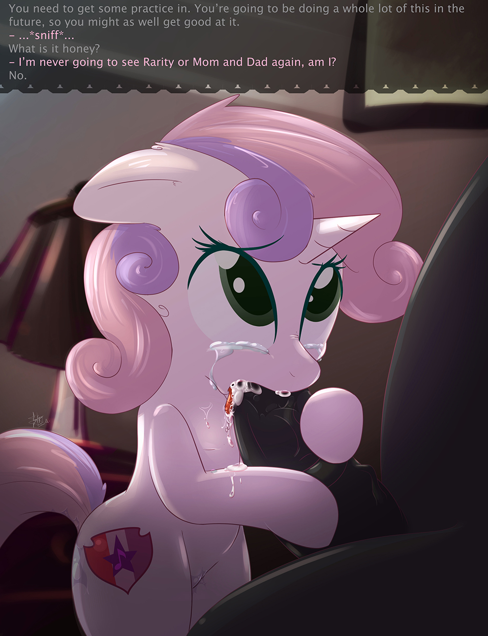 1423710 - explicit, grimdark, artist:sip, sweetie belle, oc, pony, unicorn,  fanfic:the cutie mark crusaders new lives, g4, blowjob, crying, cum, cum in  mouth, cutie mark, dialogue, domination, fanfic, fanfic art, female, femsub,