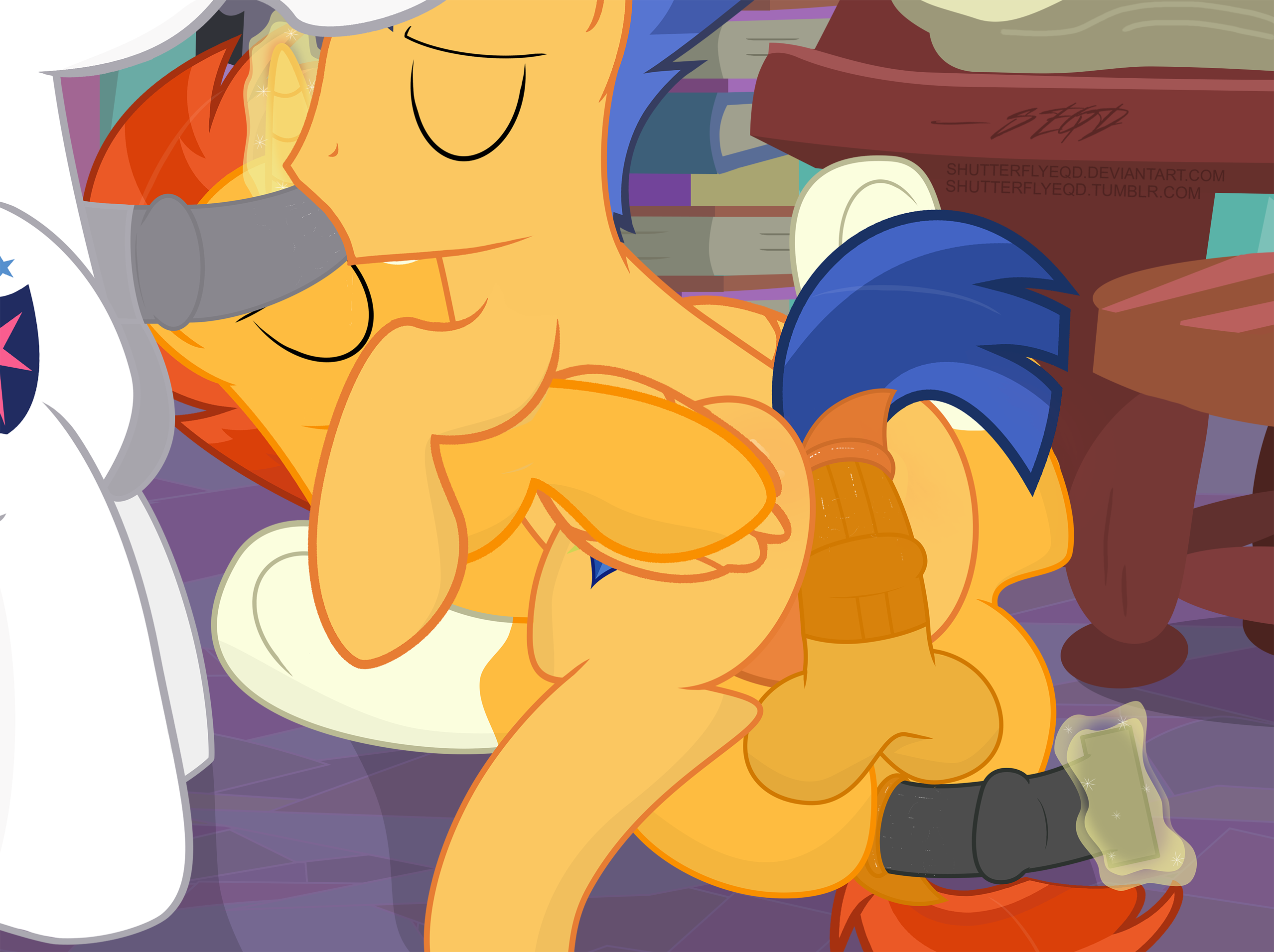 1407914 - explicit, artist:shutterflyeqd, flash sentry, shining armor,  sunburst, g4, 2017, anal, anal insertion, art theft, blowjob, color,  cowgirl position, dildo, dock, eyes closed, gay, group sex, horsecock,  infidelity, infidelity armor, insertion,