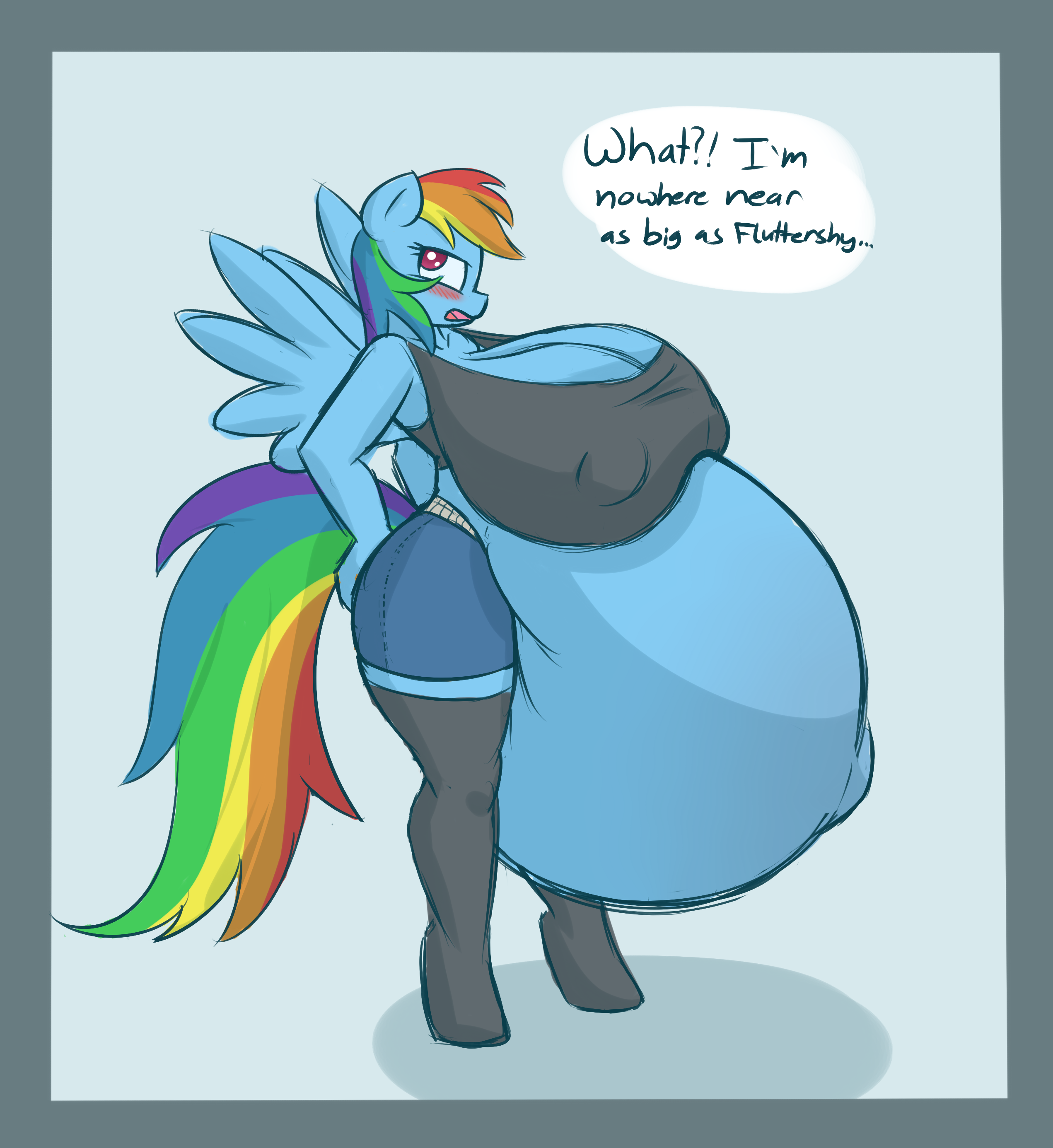 1427858 - questionable, artist:funble, rainbow dash, anthro, unguligrade  anthro, g4, belly, big belly, big breasts, blushing, breasts, busty rainbow  dash, clothes, dialogue, female, high res, huge breasts, hyper, hyper  pregnancy, impossibly large