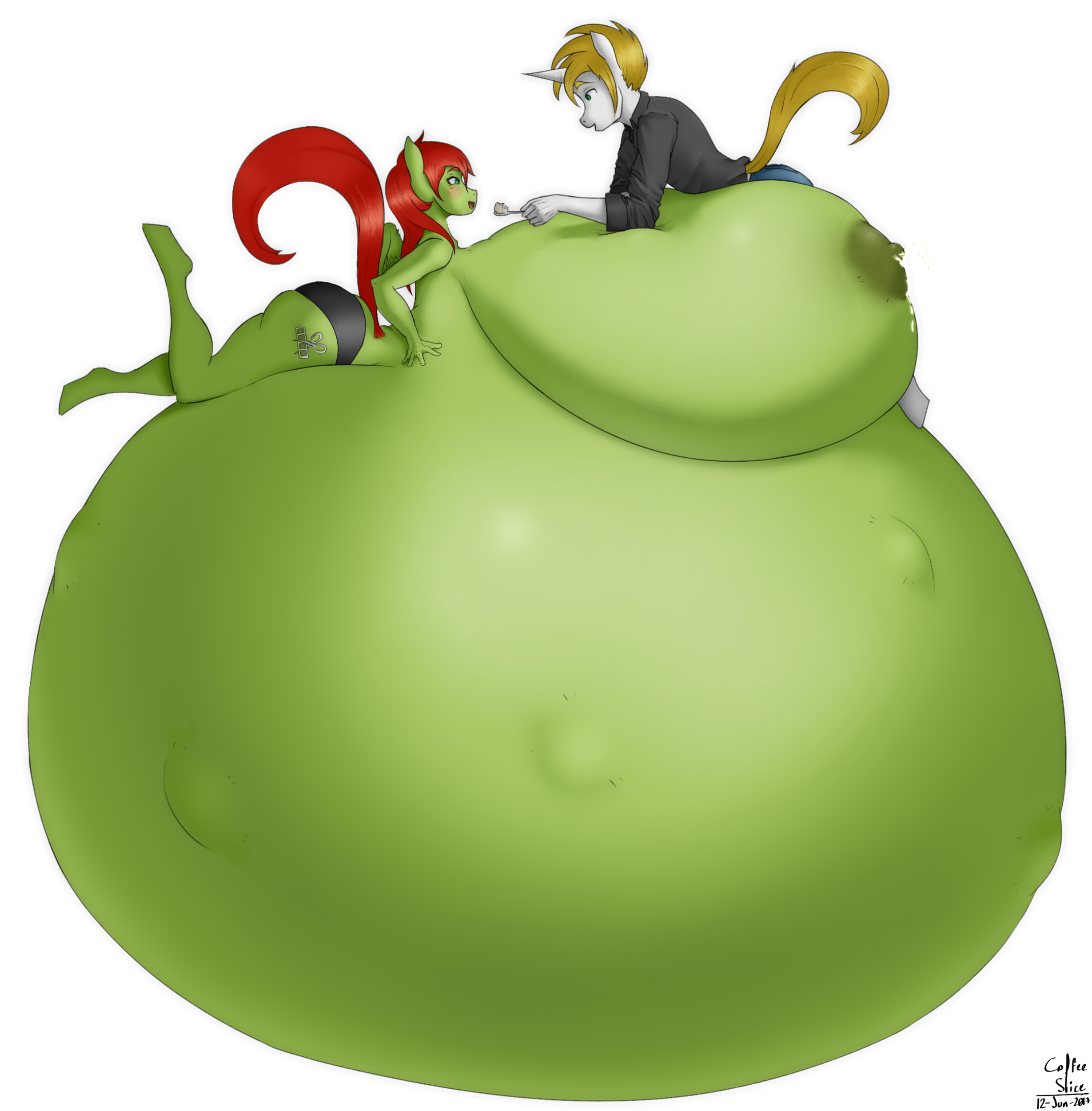 1460115 - questionable, artist:coffeeslice, oc, oc only, oc:white heart,  oc:young weird, pegasus, unicorn, anthro, unguligrade anthro, belly, belly  bed, big breasts, breast milk, breasts, clothes, feeding, female, food,  high res, huge breasts,