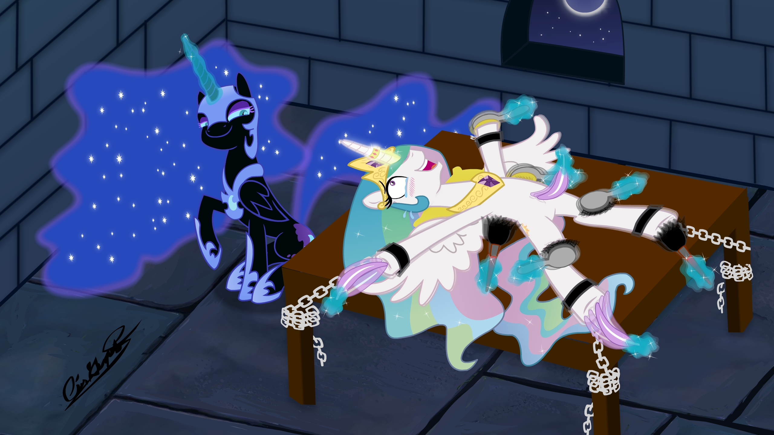 1471941 - questionable, artist:cesar3o0, nightmare moon, princess celestia,  pony, g4, blushing, bondage, brush, chains, crying, duster, feather,  female, females only, femdom, front hoof tickling, glowing horn, hoof  tickling, horn, horn ring, laughing,