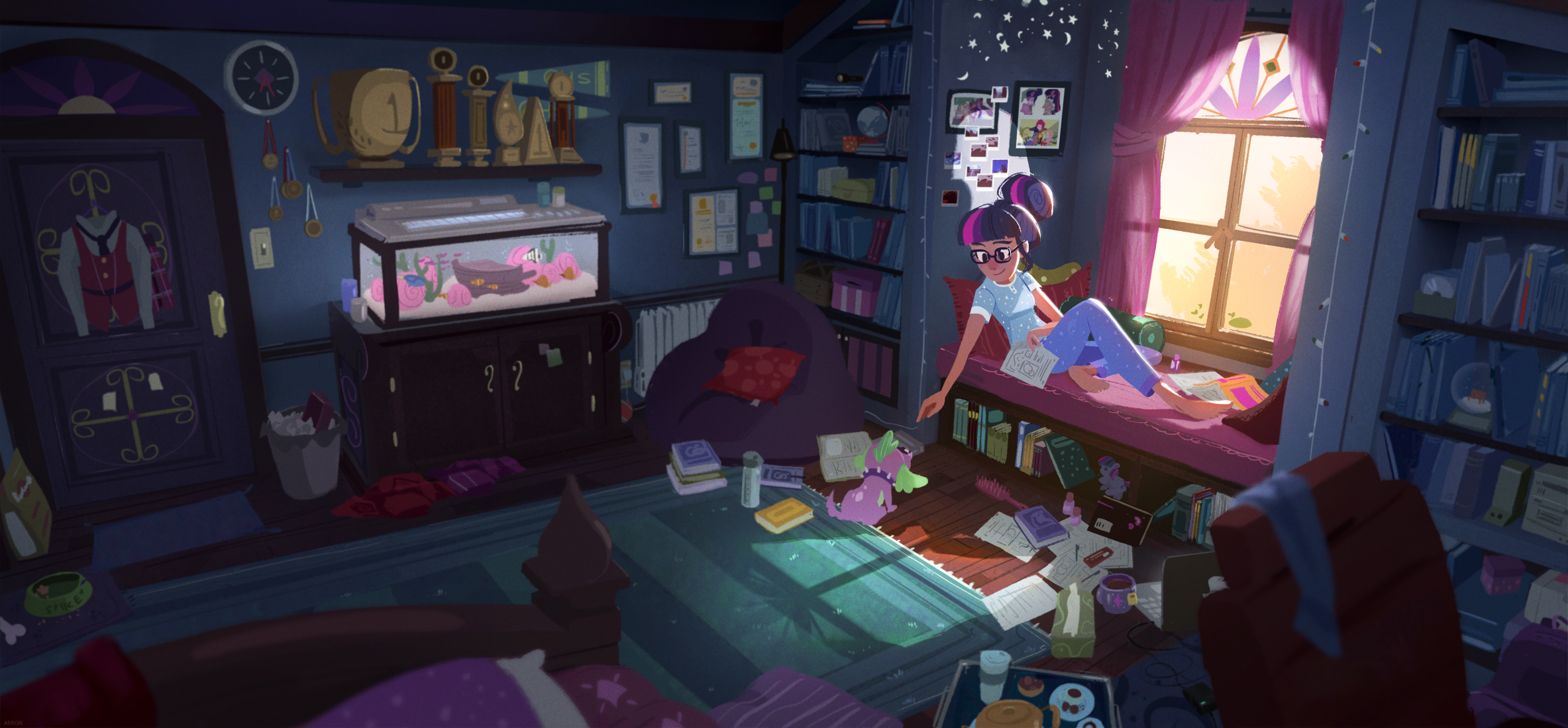 1472241 - safe, artist:ajvl, sci-twi, spike, spike the regular dog, twilight  sparkle, dog, equestria girls, barefoot, bedroom, book, clock, clothes,  computer, crystal prep academy uniform, detailed background, door, drink,  feet, female, fish