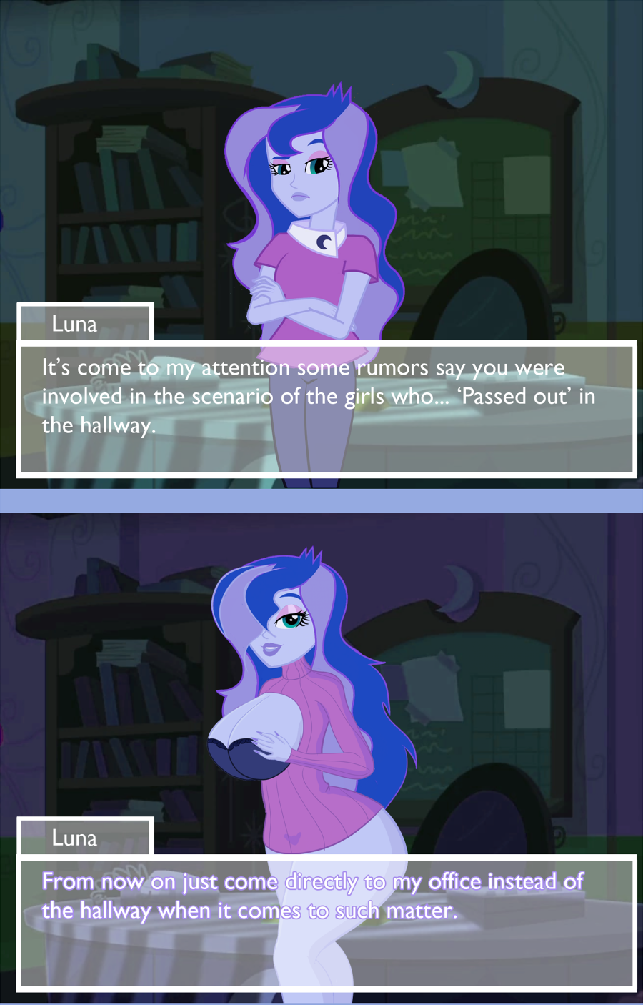 1483228 - suggestive, artist:annon, princess luna, vice principal luna,  equestria girls, g4, 2 panel comic, big breasts, bimbo, bimbo luna, boob  window, breasts, busty princess luna, butt, cleavage, clothes, comic,  crossed arms,