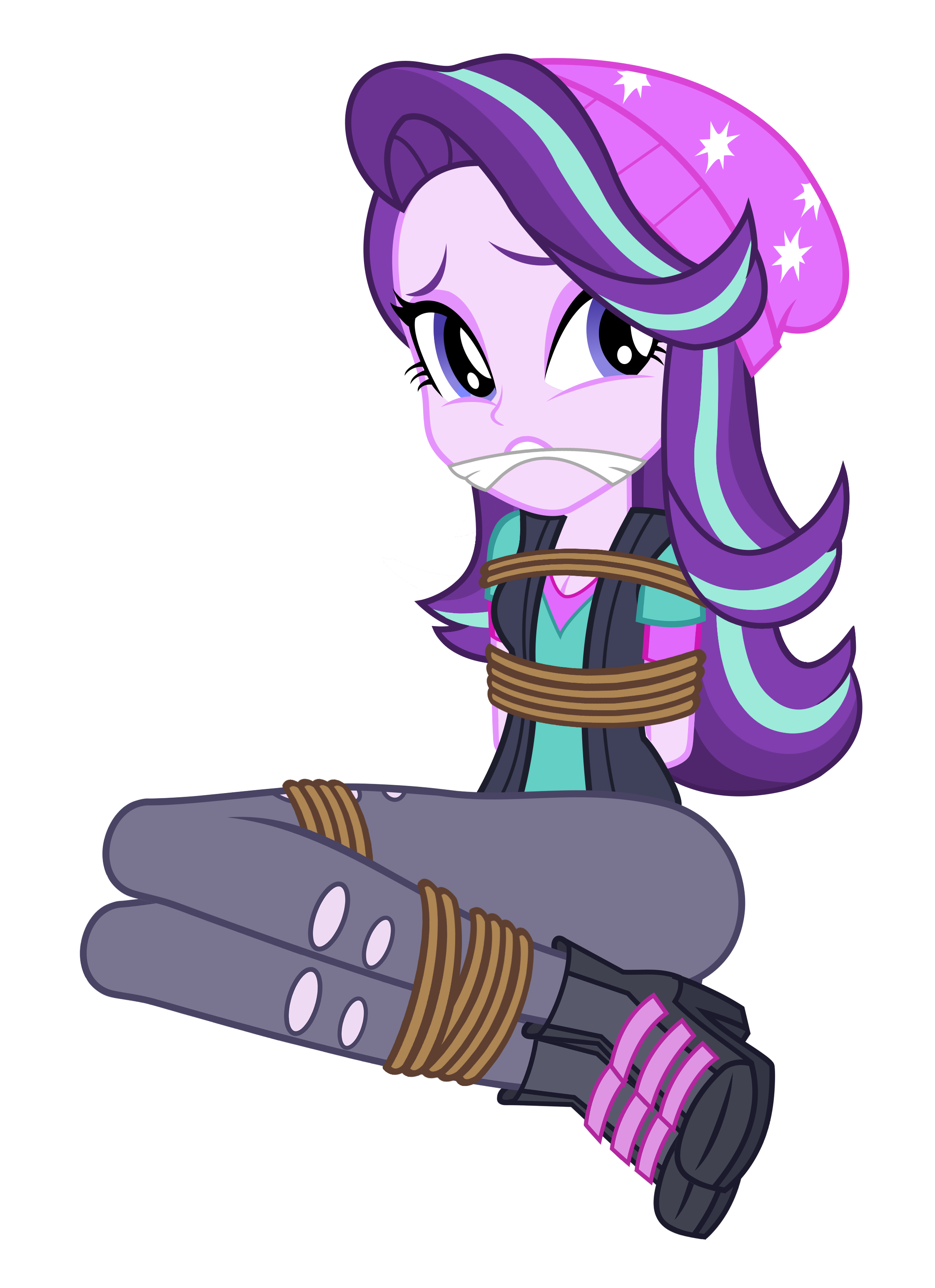 1498694 - suggestive, artist:songokussjsannin8000, starlight glimmer,  equestria girls, mirror magic, spoiler:eqg specials, beanie, bondage, bound  and gagged, cleave gag, cloth gag, clothes, female, gag, hat, rope, rope  bondage, ropes, solo, solo female,