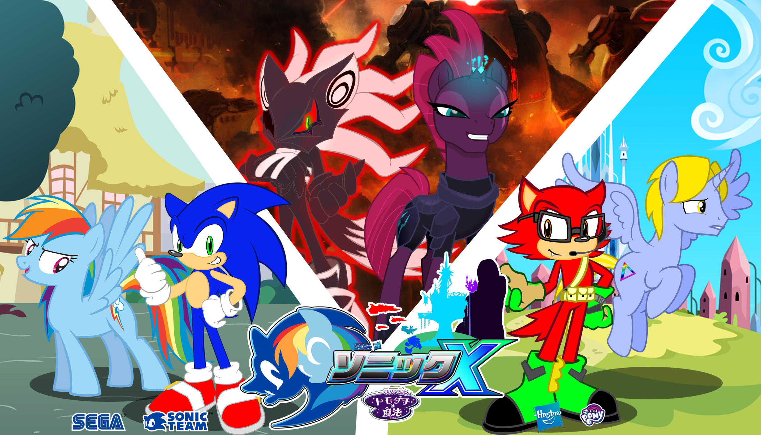1520877 - safe, artist:trungtranhaitrung, rainbow dash, tempest shadow, oc,  oc:delta brony, alicorn, pony, g4, my little pony: the movie, alicorn oc,  crossover, female, gadget the wolf, male, mare, sonic boom, sonic forces