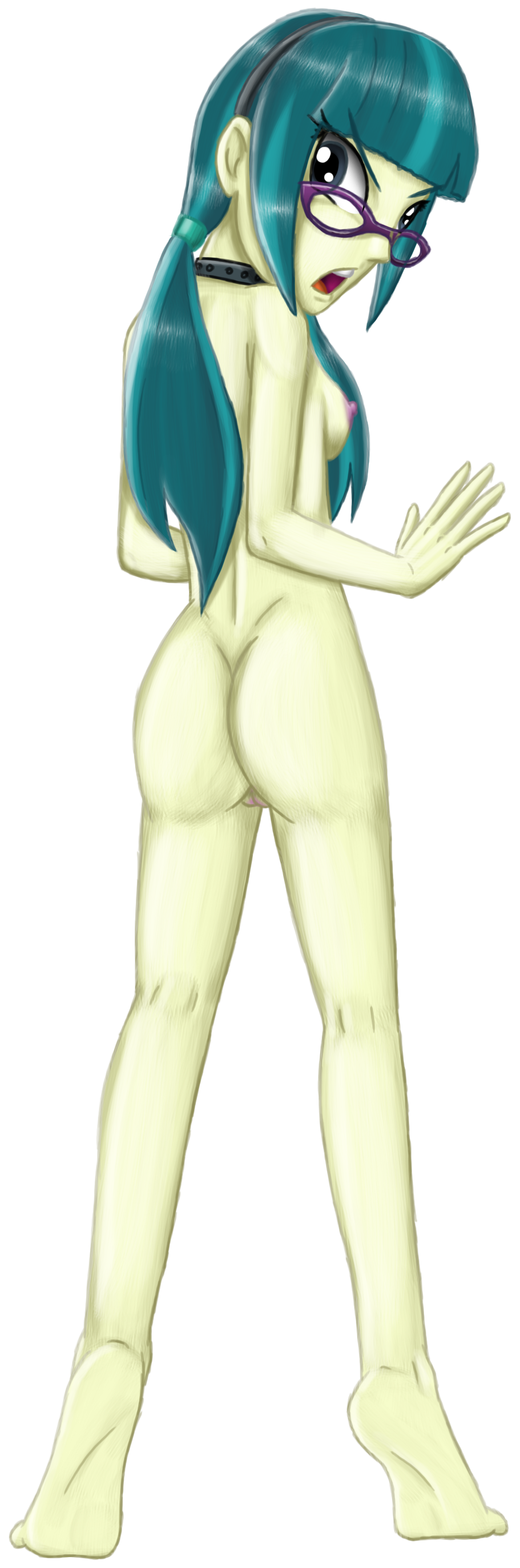 1505865 - explicit, artist:artemis-polara, juniper montage, equestria  girls, mirror magic, movie magic, spoiler:eqg specials, ass, barefoot,  breasts, butt, collar, feet, female, glasses, junibum montage, looking  back, nipples, nudity, rear view, simple ...