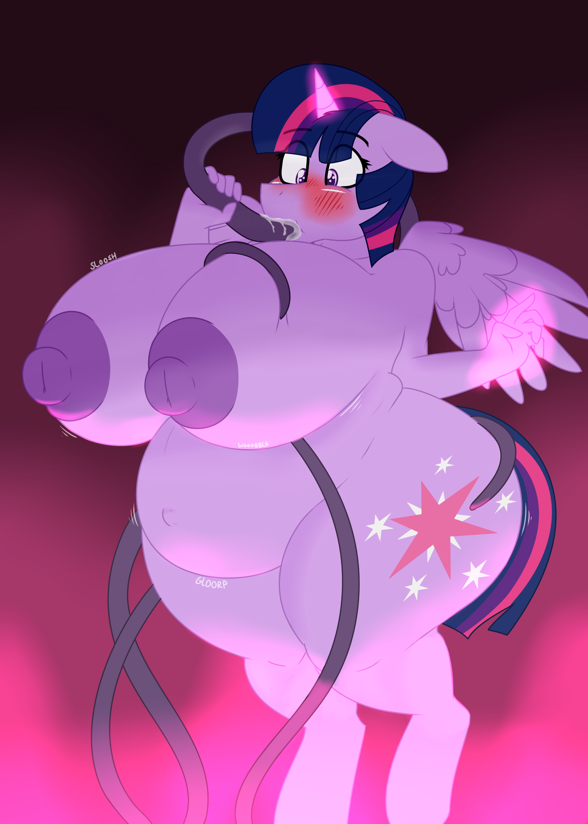 1525790 - explicit, artist:coatieyay, twilight sparkle, alicorn, anthro,  g4, areola, belly, big areola, big breasts, blushing, breast expansion,  breasts, busty twilight sparkle, butt expansion, cum inflation, fat,  female, floppy ears, glowing horn,