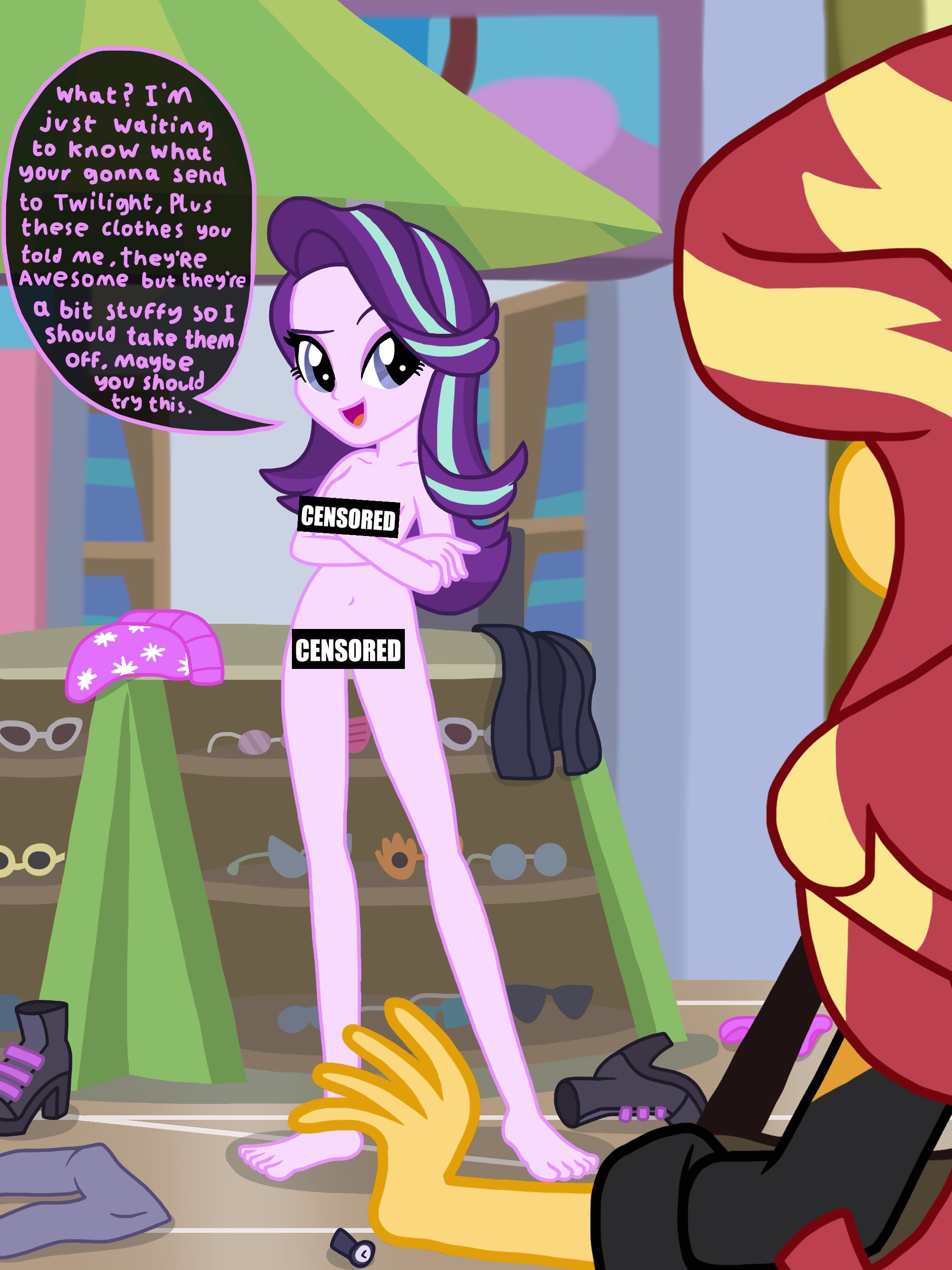 1527412 - suggestive, artist:justsomepainter11, starlight glimmer, sunset  shimmer, comic:starlight gets uncovered, equestria girls, g4, barefoot,  breasts, casual nudity, censor bar, censored, censored vulva, clothed  female nude female, comic, crossed ...