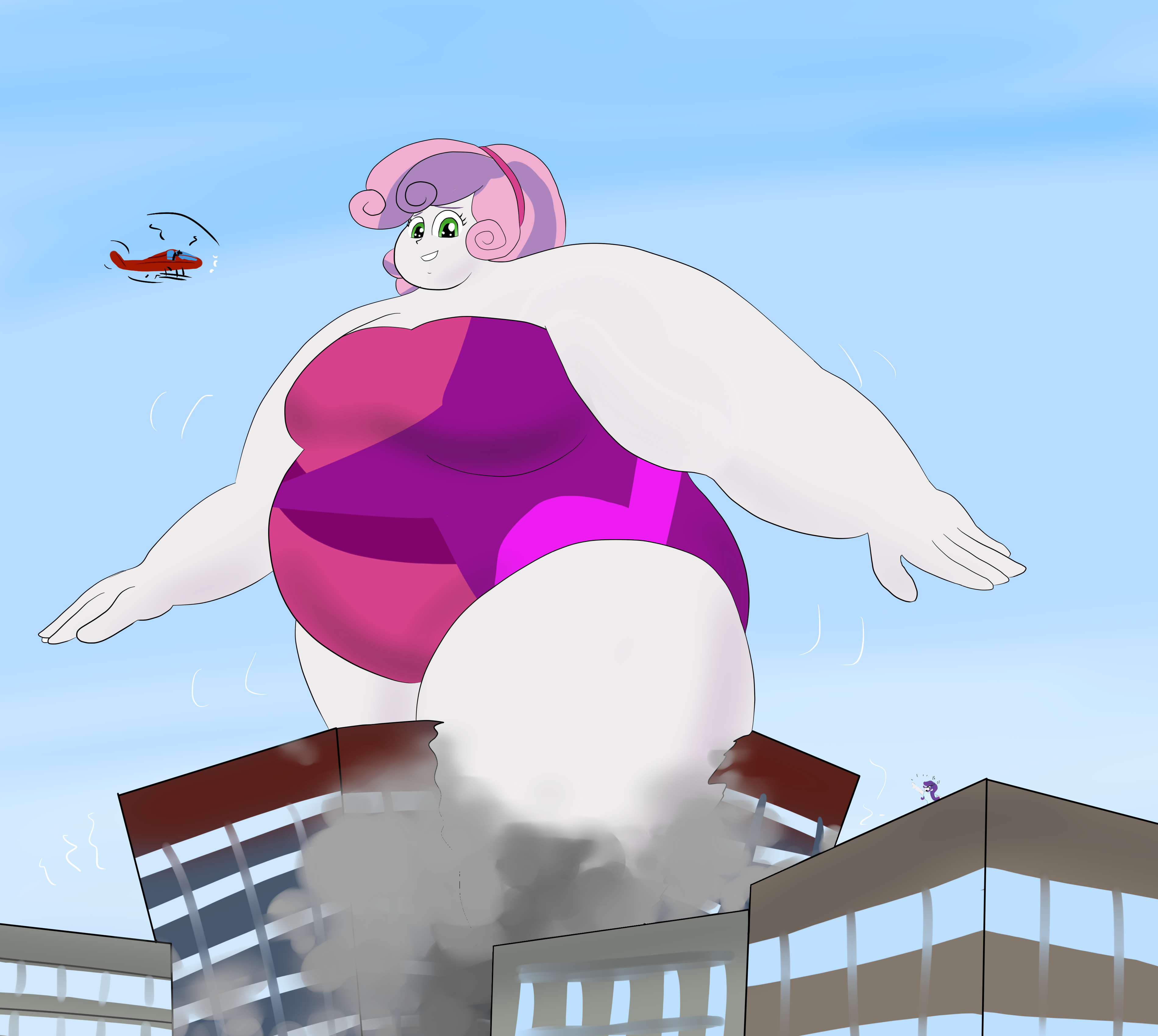 1531296 Artist Feyzer Bbw City Clothes Destruction Equestria Girls Fat Giantess Helicopter Huge Macro Obese One Piece Swimsuit Rarity Safe Ssbbw Sweetie Belle Sweetie Belly Swimsuit Derpibooru