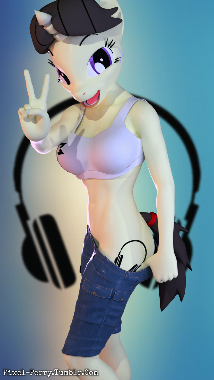 1531322 - suggestive, artist:pixel-perry, oc, oc only, anthro, 3d, anthro  oc, blender, breasts, clothes, cutie mark, female, grin, headphones,  looking at you, peace sign, pose, shorts, showing off, smiling, solo -  Derpibooru