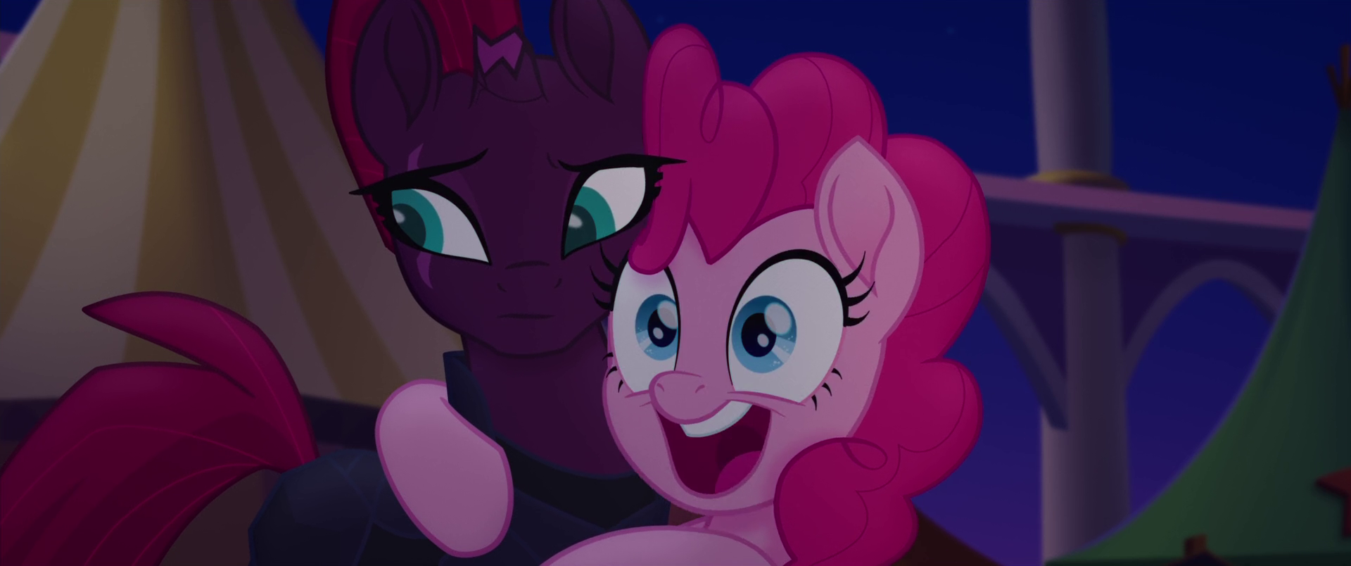 1639838 - safe, screencap, fizzlepop berrytwist, pinkie pie, tempest  shadow, earth pony, pony, unicorn, my little pony: the movie, broken horn,  duo, embarrassed, excited, eye scar, female, hug, mare, scar, varying  degrees