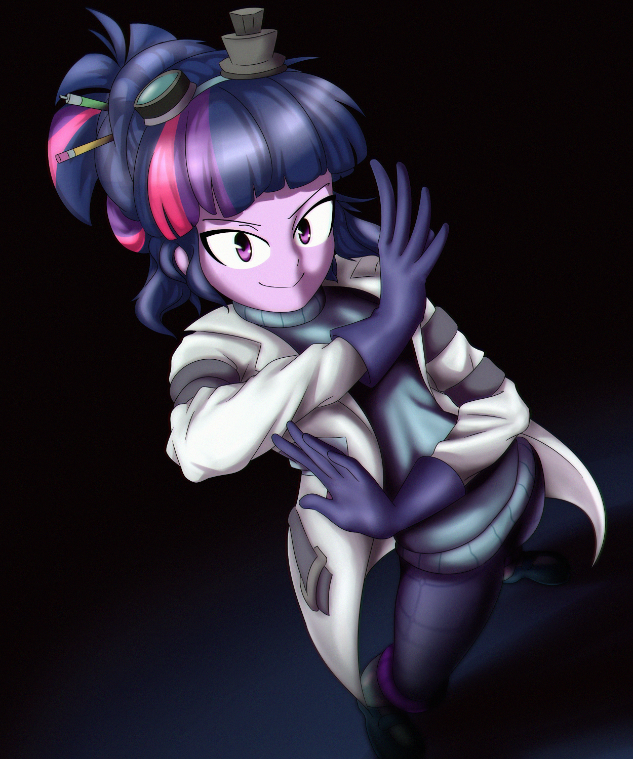1846891 - dead source, safe, artist:rockset, sci-twi, twilight sparkle, eqg  summertime shorts, equestria girls, mad twience, anime, clothes, female,  gloves, lab coat, looking at you, mad scientist, smiling, solo - Derpibooru