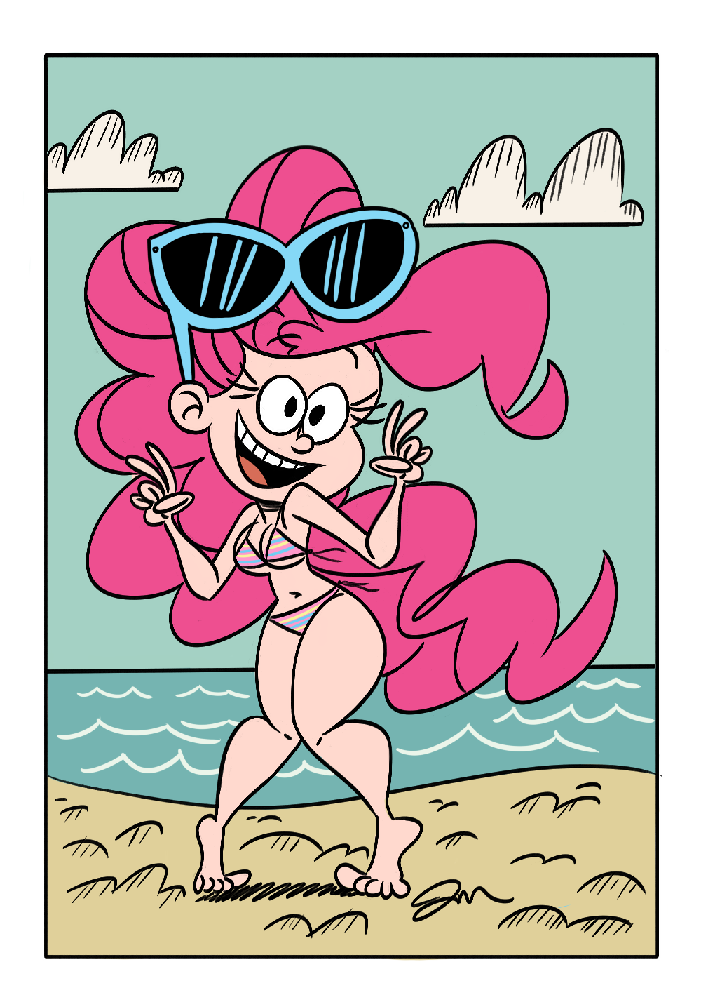 1892454 - suggestive, artist:jmdoodle, pinkie pie, human, g4, beach, belly  button, big hair, bikini, breasts, busty pinkie pie, cleavage, clothes,  colored, female, humanized, legs, smiling, style emulation, sunglasses,  swimsuit, the loud house -