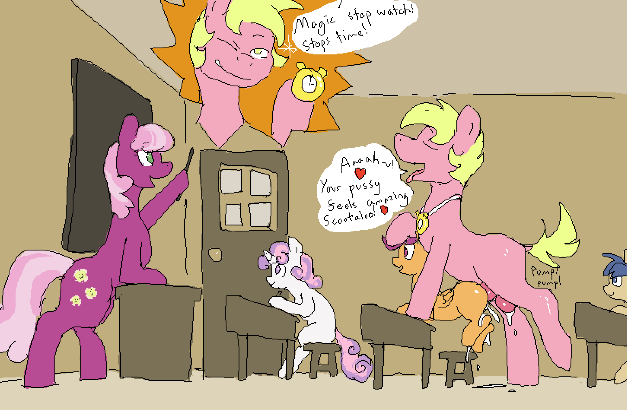 1874088 - explicit, grimdark, artist:dragonlover69, cheerilee, scootaloo,  sweetie belle, oc, oc:dragonlover69, pony, g4, age difference, balls, canon  x oc, classroom, exhibitionism, female, filly, foalcon, male, nudity,  penetration, penis, public sex ...