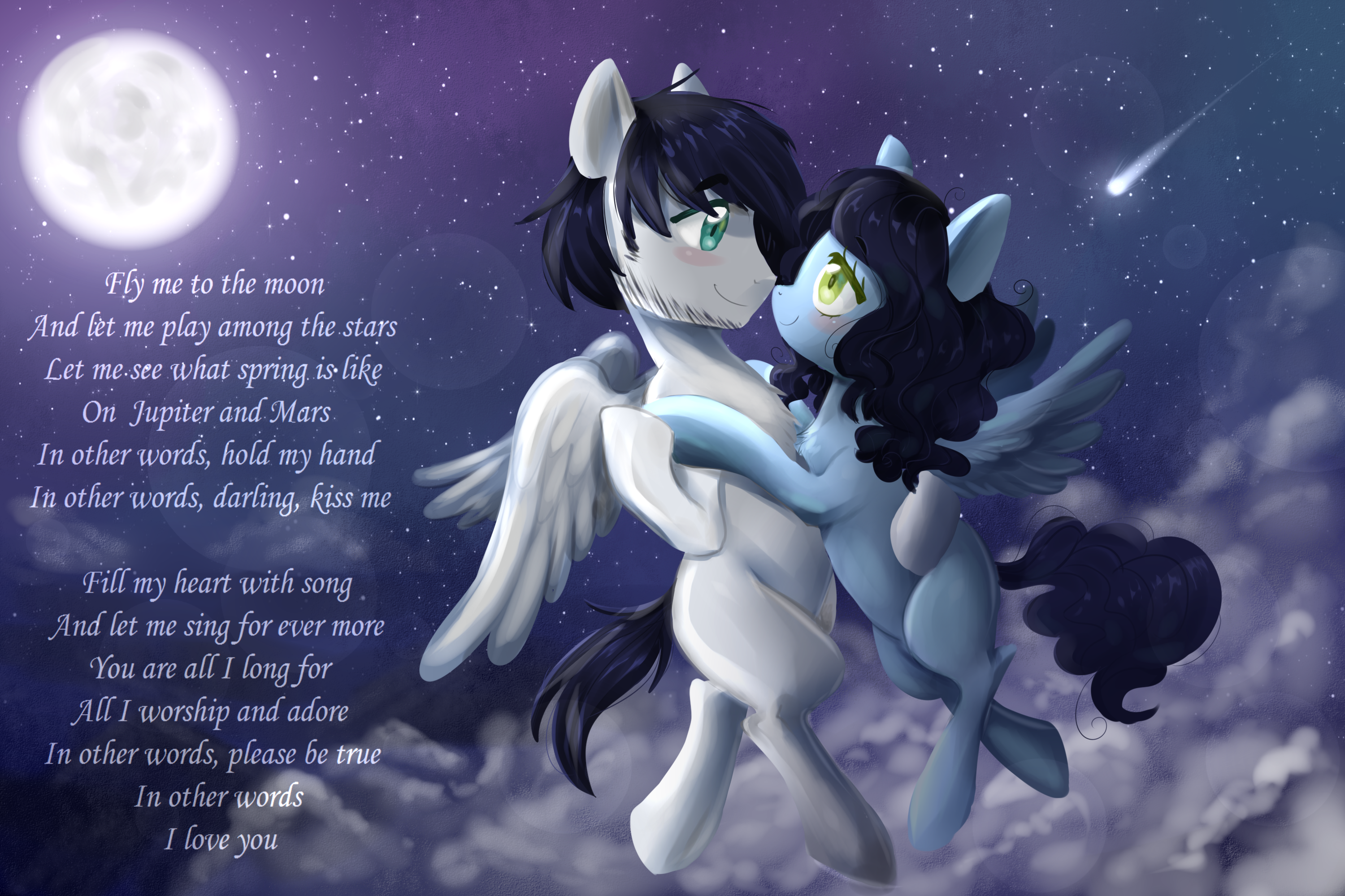 1906056 Artist Kaikururu Bayonetta Comet Couple Female Flying Fly Me To The Moon Frank Sinatra Full Moon Male Mare Moon Night Oc Pegasus Pony Safe Sky Song Reference Stars Derpibooru
