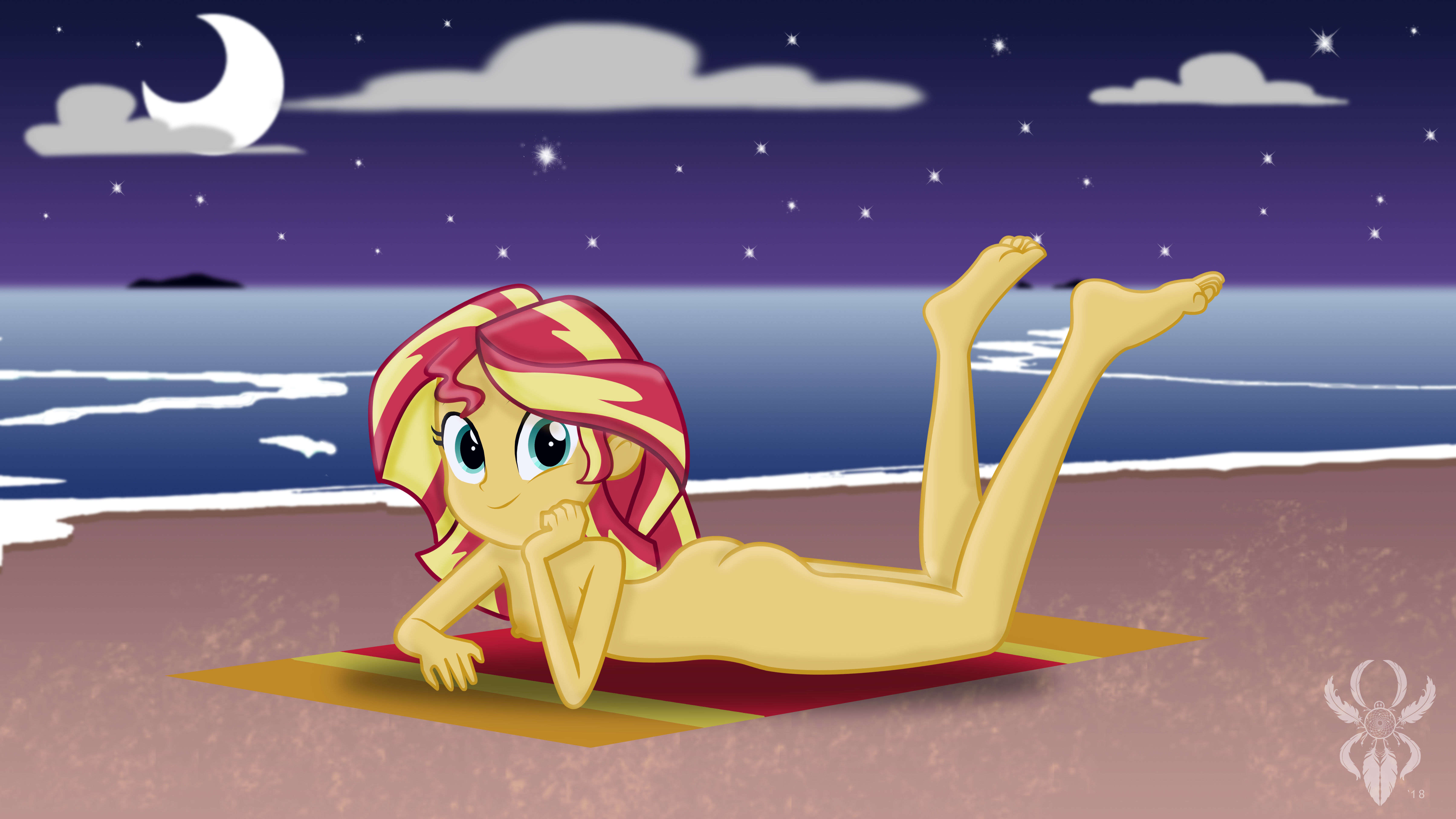 1914136 - questionable, artist:legendaryspider, edit, sunset shimmer,  equestria girls, g4, ass, barefoot, beach, breasts, bunset shimmer, butt,  cloud, complete nudity, feet, female, full body, island, legs, looking at  you, moon, night, nipples,