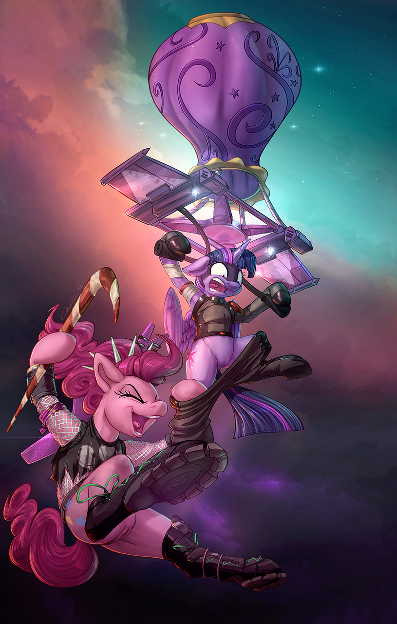 1920935 - explicit, artist:php188, artist:vest, pinkie pie, twilight  sparkle, alicorn, earth pony, pony, g4, anus, armpits, assisted exposure,  balloon, boots, clothes, cloud, cloudy, collaboration, crossover, eyes  closed, female, flying, fortnite ...