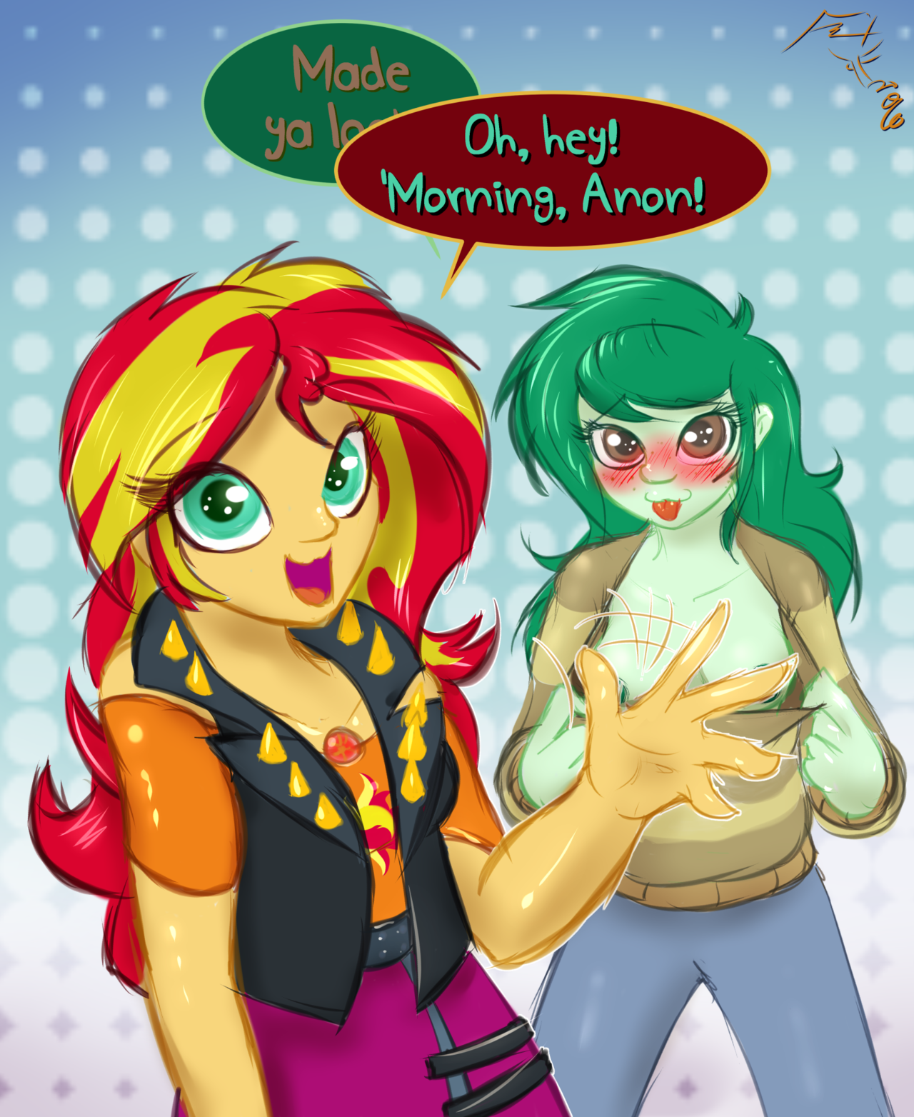 1659956 - :3, areola, artist:frist44, blushing, breasts, clothes, colored  pupils, cute, dialogue, duo, duo female, equestria girls, equestria girls  series, exhibitionist wallflower, female, flashing, forgotten friendship,  implied anon, looking at you ...