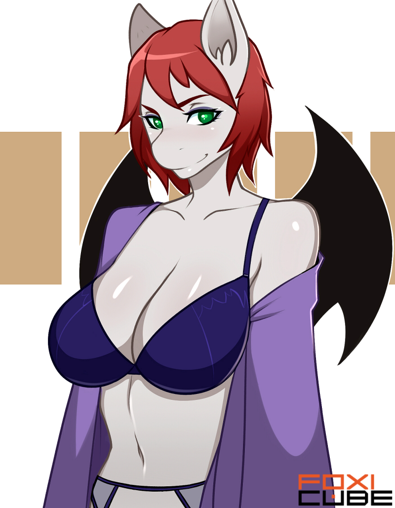 1671535 - suggestive, artist:foxicube, oc, oc only, bat pony, anthro,  anthro oc, bat pony oc, belly button, breasts, cleavage, clothes, dress,  ear fluff, female, gown, lingerie, looking at you, purple underwear,  ranchtown,