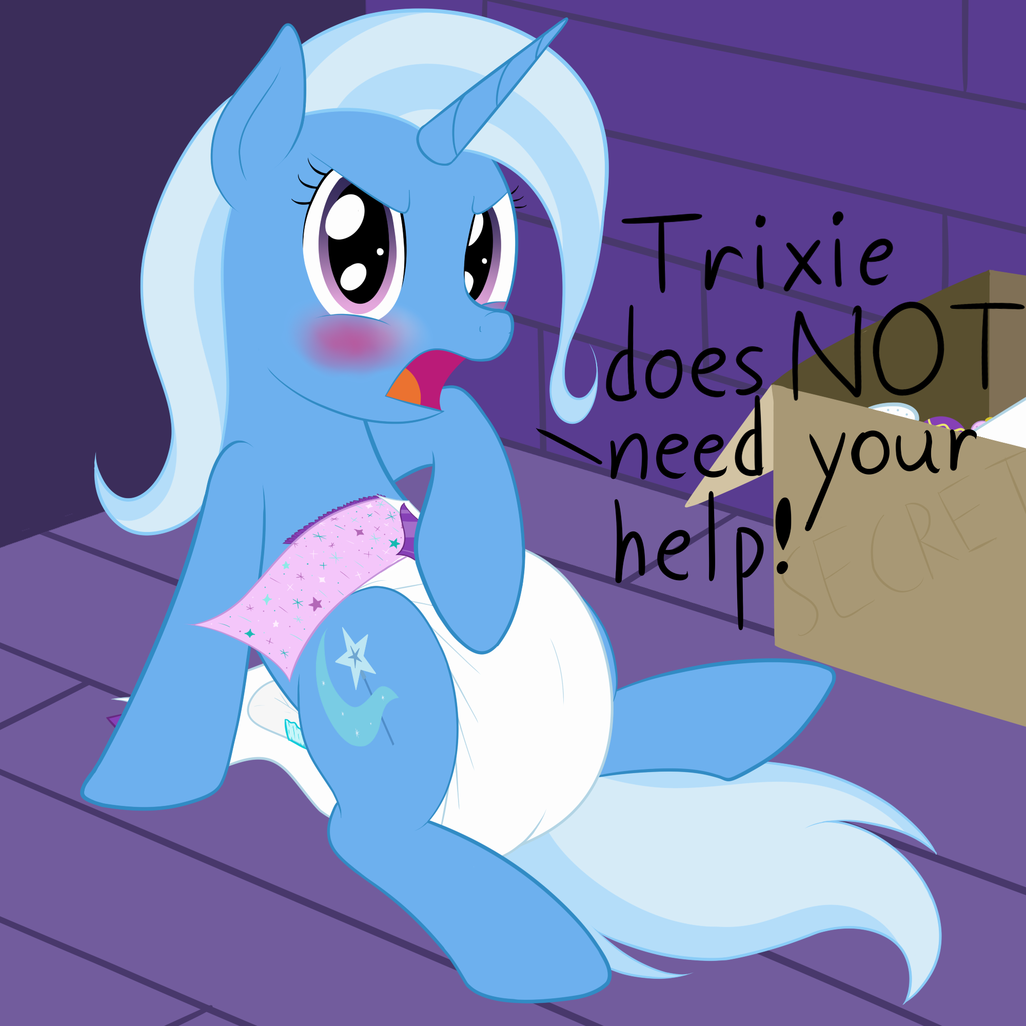 1708225 - suggestive, alternate version, artist:nitei, trixie, pony, g4,  abdl, cute, diaper, diaper fetish, diapering, diapixie, diatrixes, female,  fetish, high res, non-baby in diaper, offscreen character, poofy diaper,  solo, solo female, yelling -