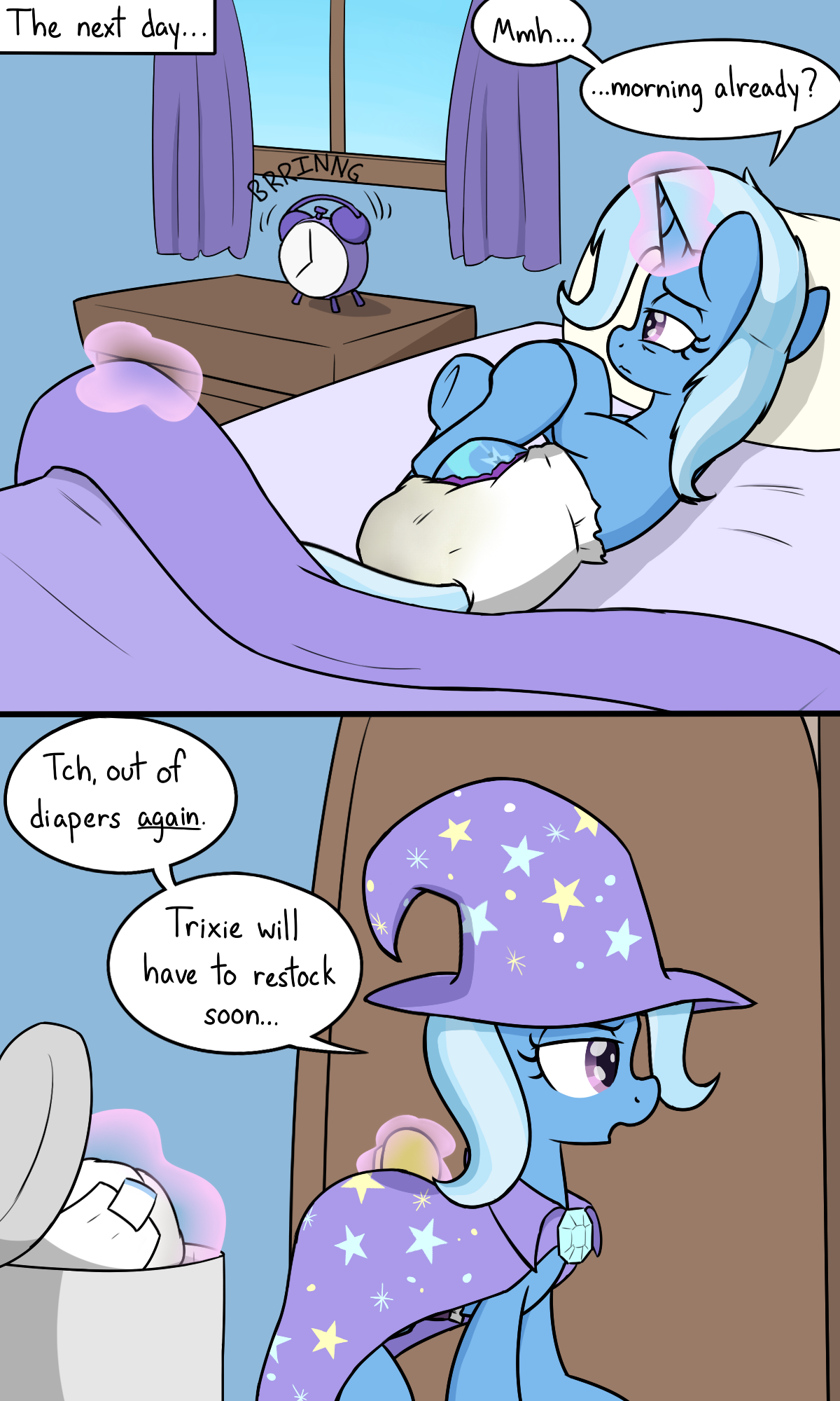 1712458 - questionable, artist:skitter, starlight glimmer, trixie, pony,  g4, abdl, alarm clock, bed, cape, clock, clothes, comic, diaper, diaper  fetish, diaper pail, female, fetish, hat, indoors, magic, messy diaper,  non-baby in diaper,