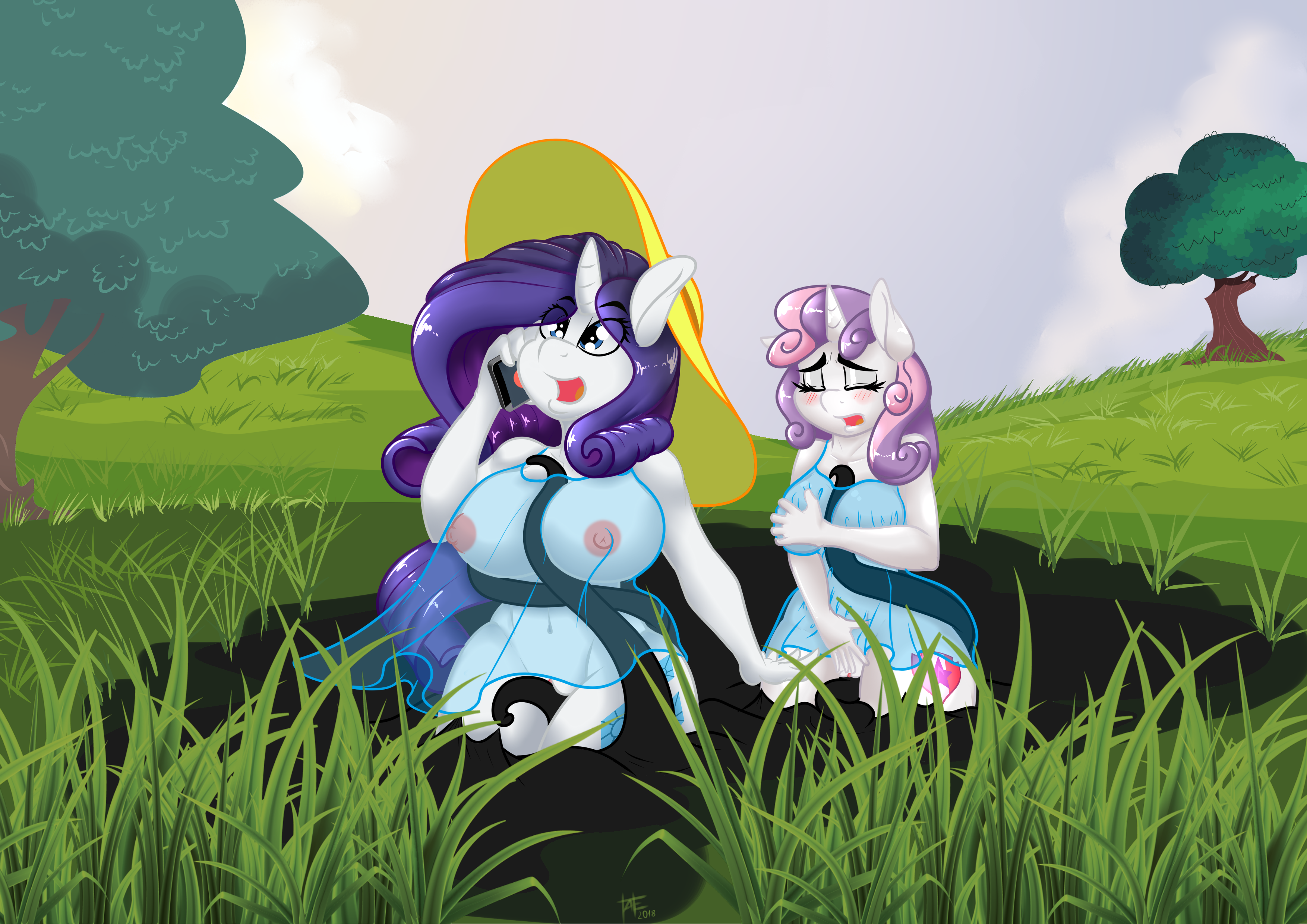 1735299 - explicit, artist:tatemil, rarity, sweetie belle, anthro, g4,  breasts, busty rarity, busty sweetie belle, cellphone, clothes,  cottagecore, female, fetish, grope, high res, meadow, nipples, nudity,  phone, quicksand, see-through, tentacle porn ...