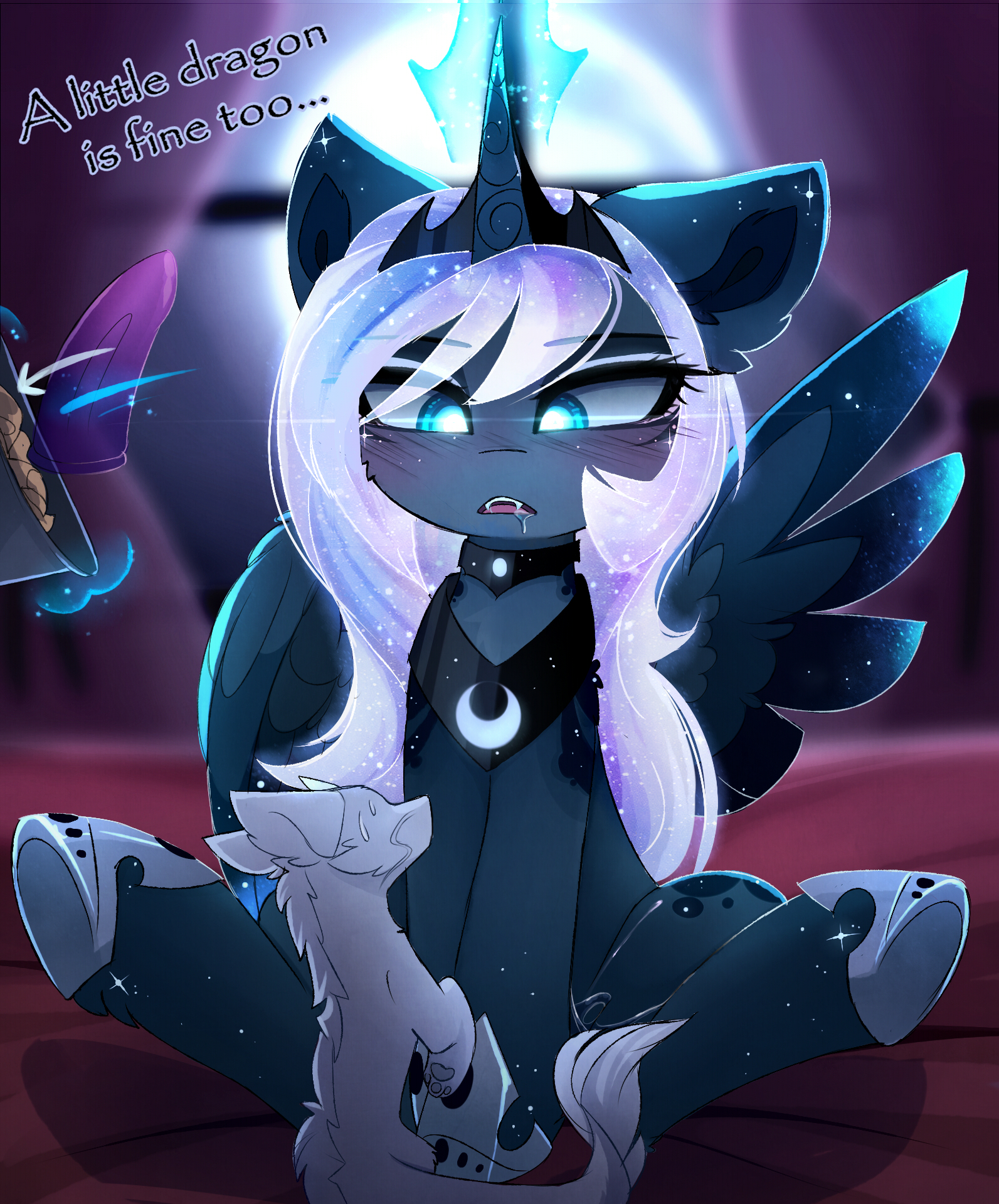 1740566 - explicit, artist:magnaluna, princess luna, oc, oc:zefiroth,  alicorn, dragon, pony, g4, a cat is fine too, alternate hairstyle,  alternate universe, bedroom eyes, blushing, canon x oc, dildo, drool, drool  string, female,
