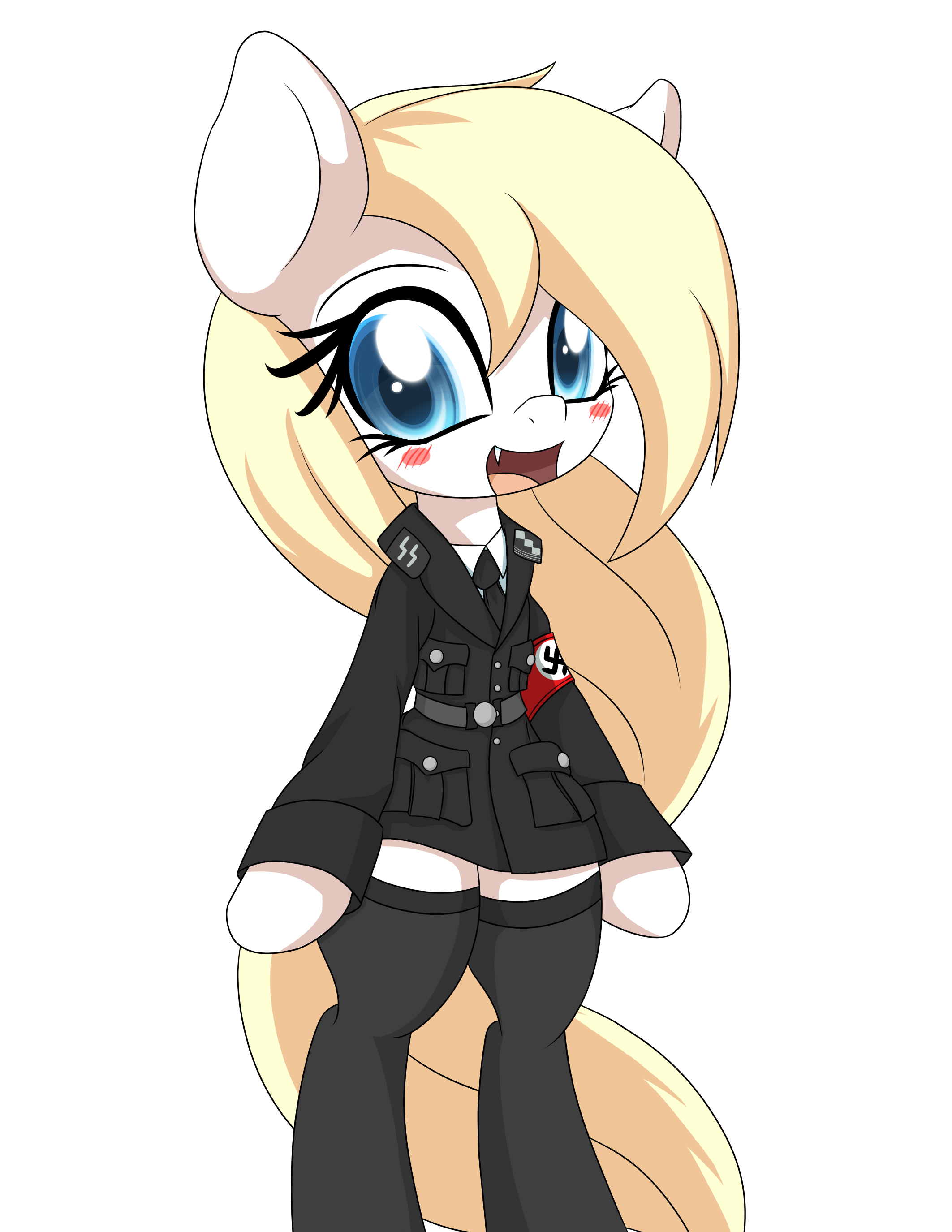 1723645 - safe, artist:an-m, oc, oc:aryanne, pony, aryan, aryan pony,  aryanbetes, bipedal, blush sticker, blushing, clothes, cute, high res,  jacket, military, nazi, nazi armband, nazipone, ocbetes, schutzstaffel,  simple background, socks, stockings, thigh