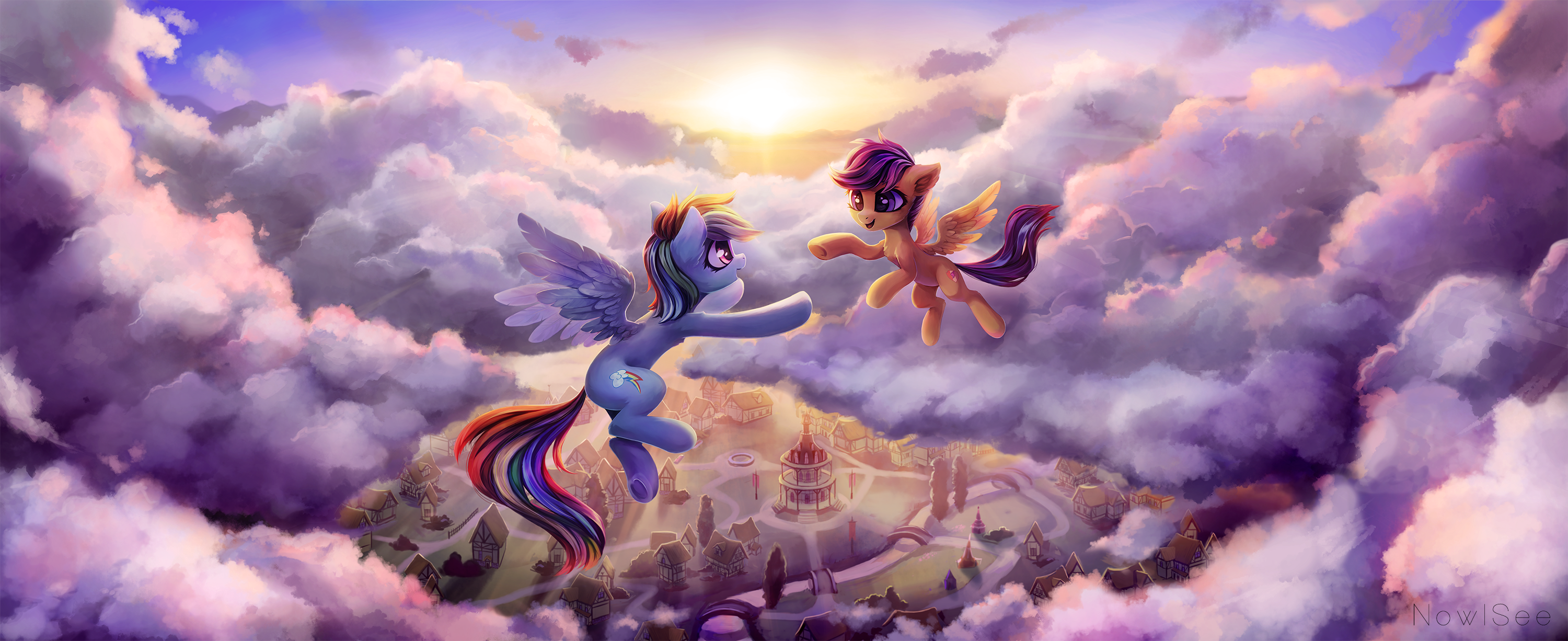 1787518 - safe, artist:inowiseei, rainbow dash, scootaloo, pegasus, pony,  cloud, commission, cute, featured image, female, filly, flying, looking at  each other, mare, open mouth, ponyville, ponyville town hall, scenery,  scenery porn, scootaloo