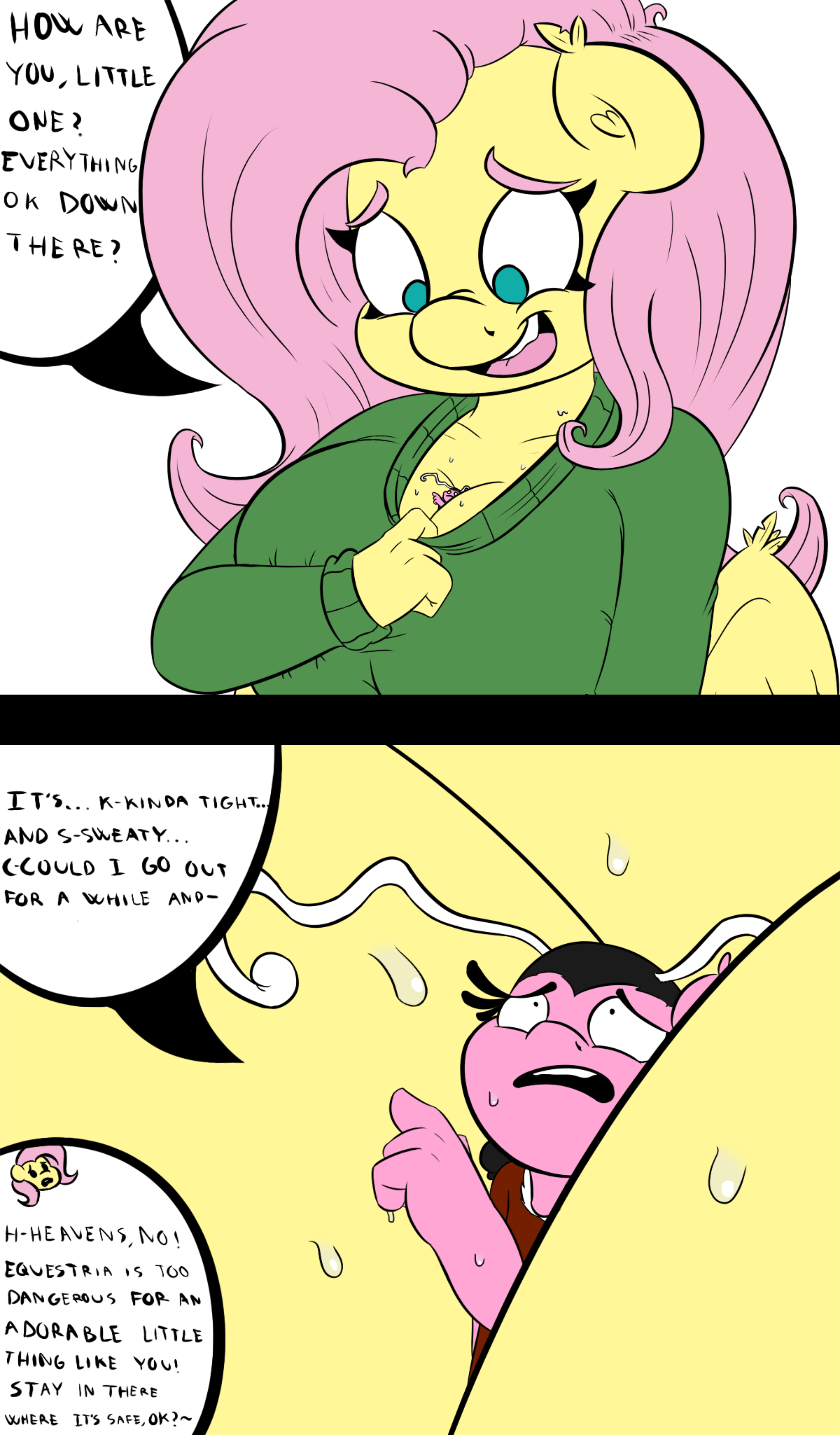 1815069 - questionable, artist:deoix, fluttershy, oc, oc:coconut, breezie,  anthro, g4, 2 panel comic, between breasts, boobs squeezing body, breast  squeeze, breast squish, breasts, busty fluttershy, cleavage, clothes, comic,  cute, exposed breasts, female,