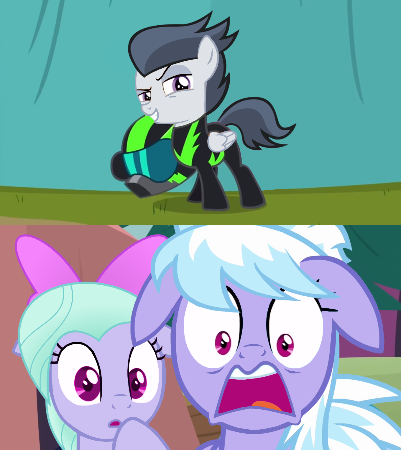 Mlp Scared Rumble #1828190 - safe, artist:lunaticdawn, edit, cloudchaser, flitter, rumble ...