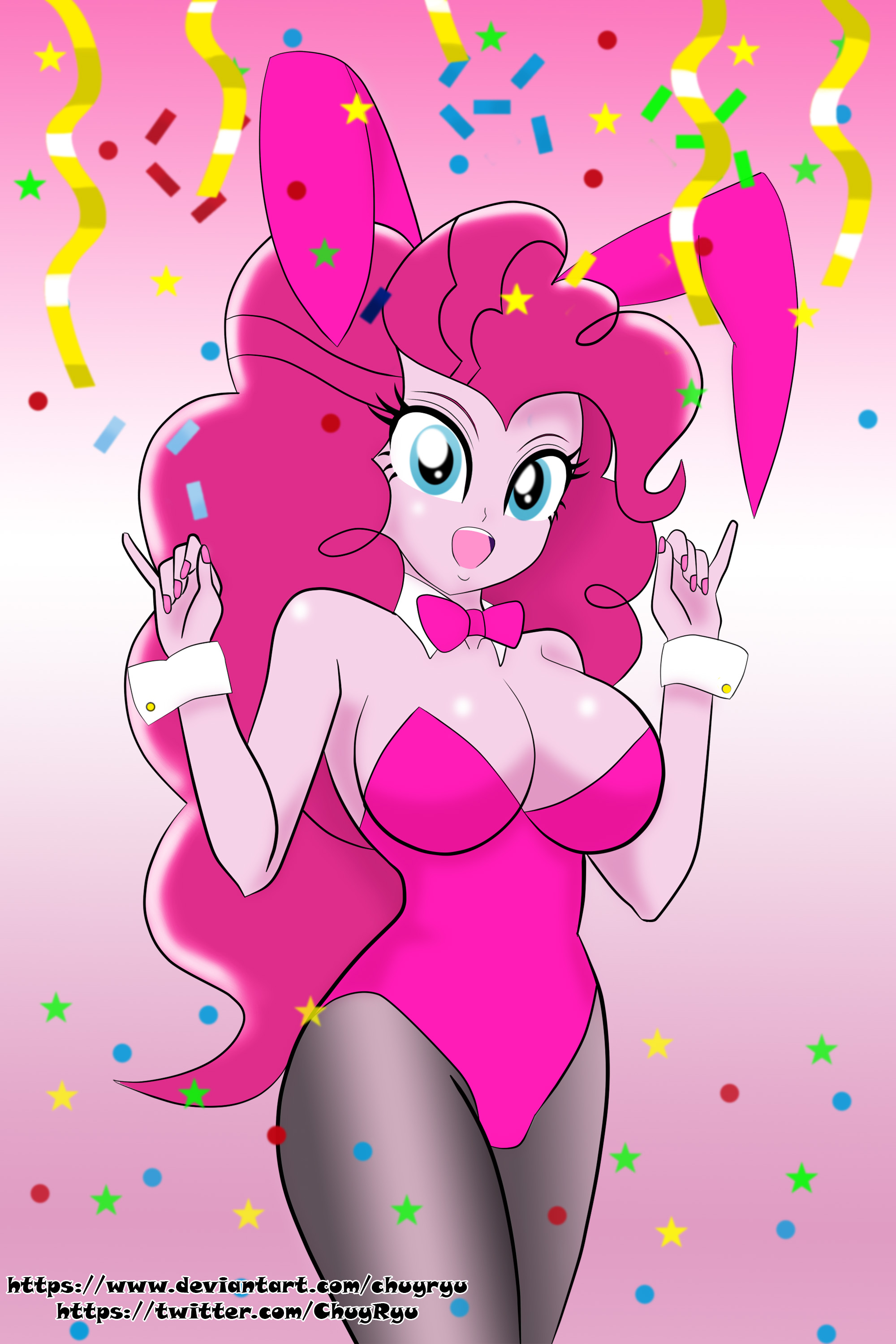 1933956 - suggestive, artist:chuyryu, pinkie pie, equestria girls, g4, big  breasts, bowtie, breasts, bunny ears, bunny suit, busty pinkie pie, clothes,  costume, cuffs (clothes), female, high res, legs together, leotard, nail  polish