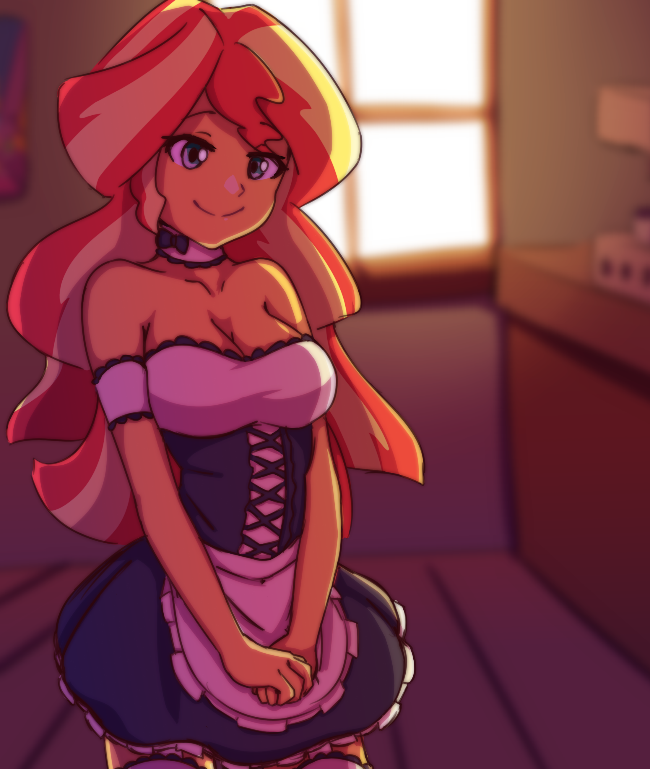 1937821 - safe, artist:rockset, sunset shimmer, equestria girls, adorasexy,  anime, apron, backlighting, bare shoulders, beautiful, breasts, busty  sunset shimmer, choker, cleavage, clothes, cute, dress, female, french  maid, high res, indoors, lidded eyes,