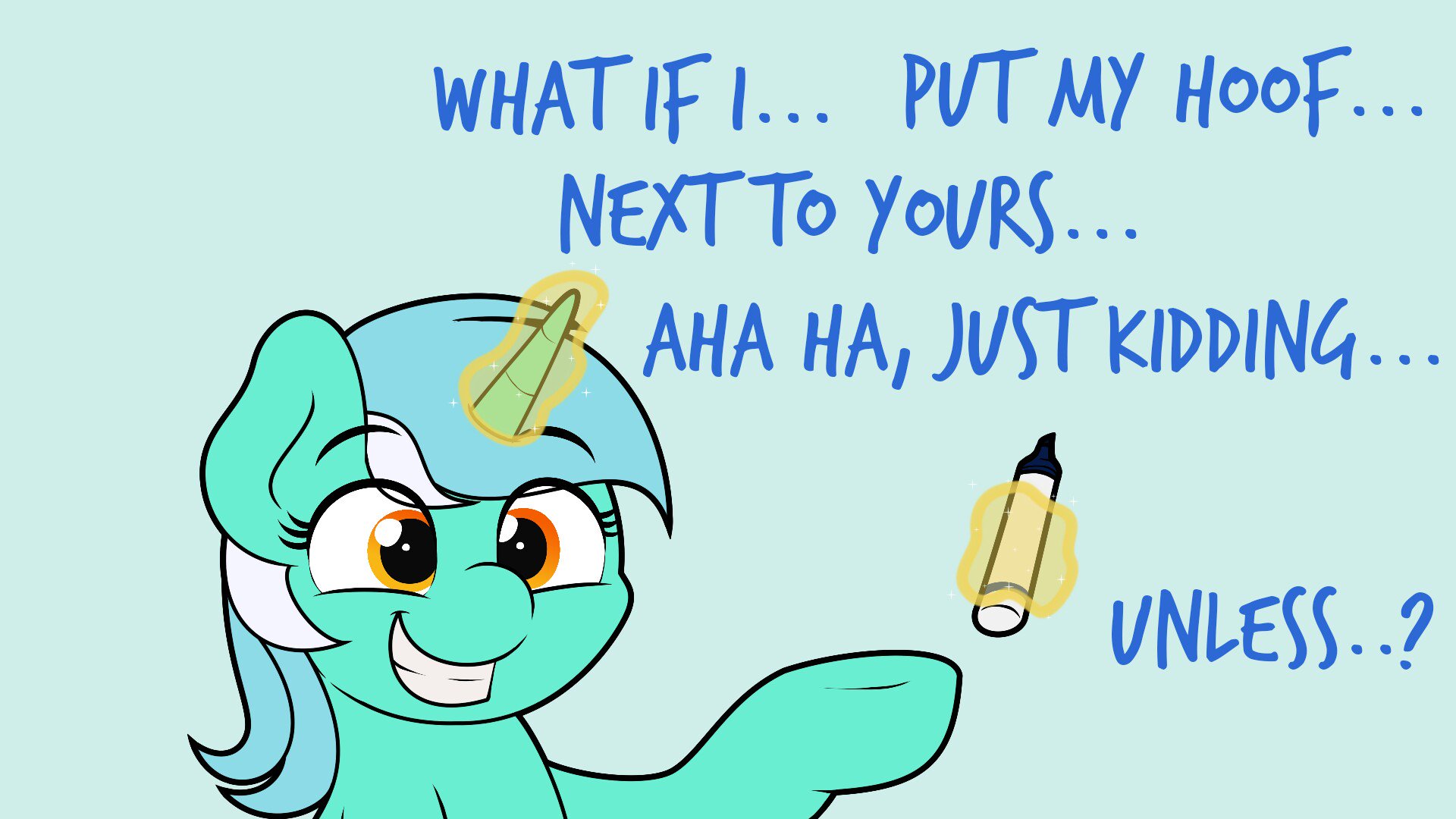 Artist Ljdamz1119 Haha Just Kidding Unless Levitation Lyra Heartstrings Magic Meme Pony Safe Solo Telekinesis Derpibooru