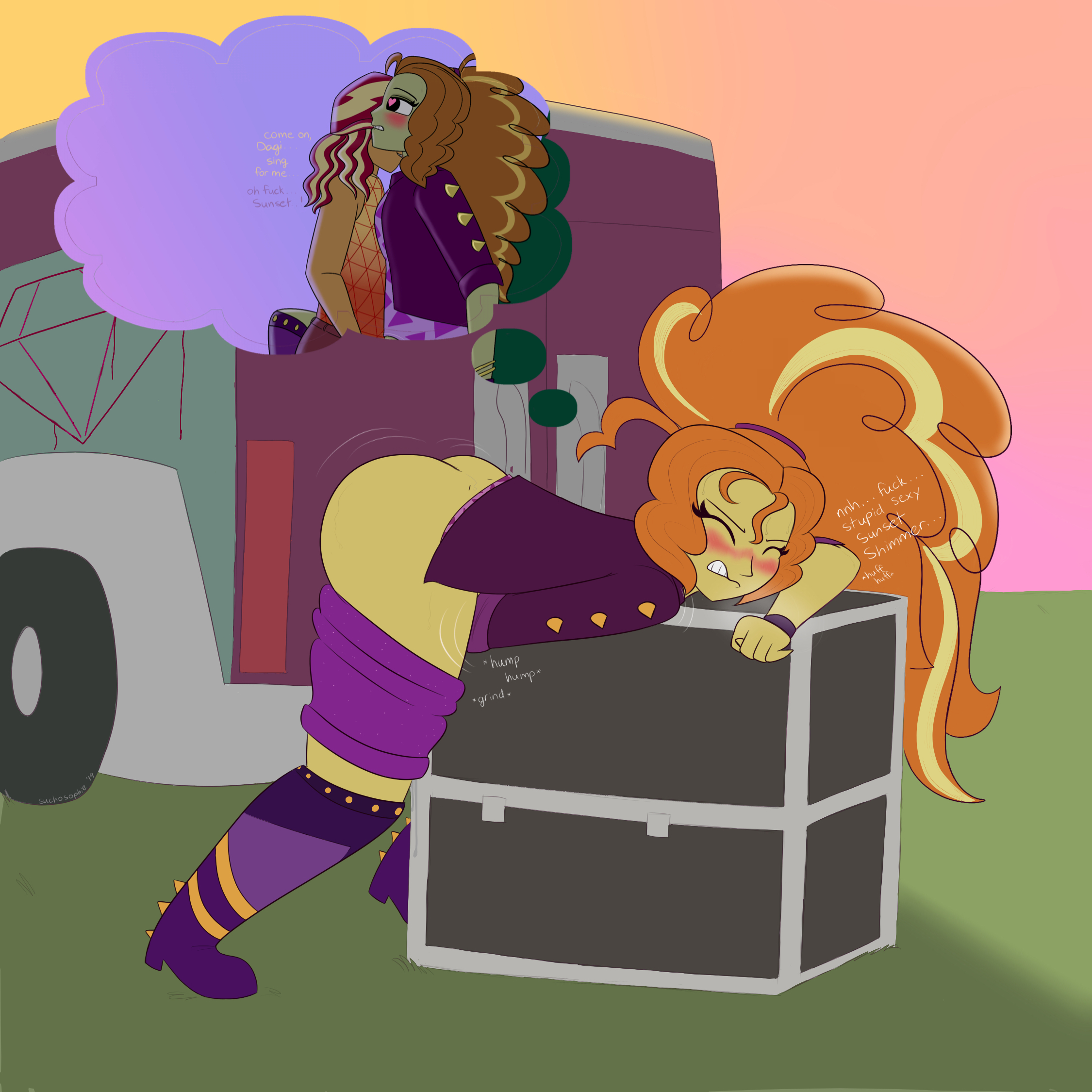 2172726 - questionable, artist:suchosophie, edit, adagio dazzle, sunset  shimmer, human, equestria girls, equestria girls series, g4, sunset's  backstage pass!, spoiler:eqg series (season 2), adagio dat-azzle, against  tree, against wall, ass, bite mark,