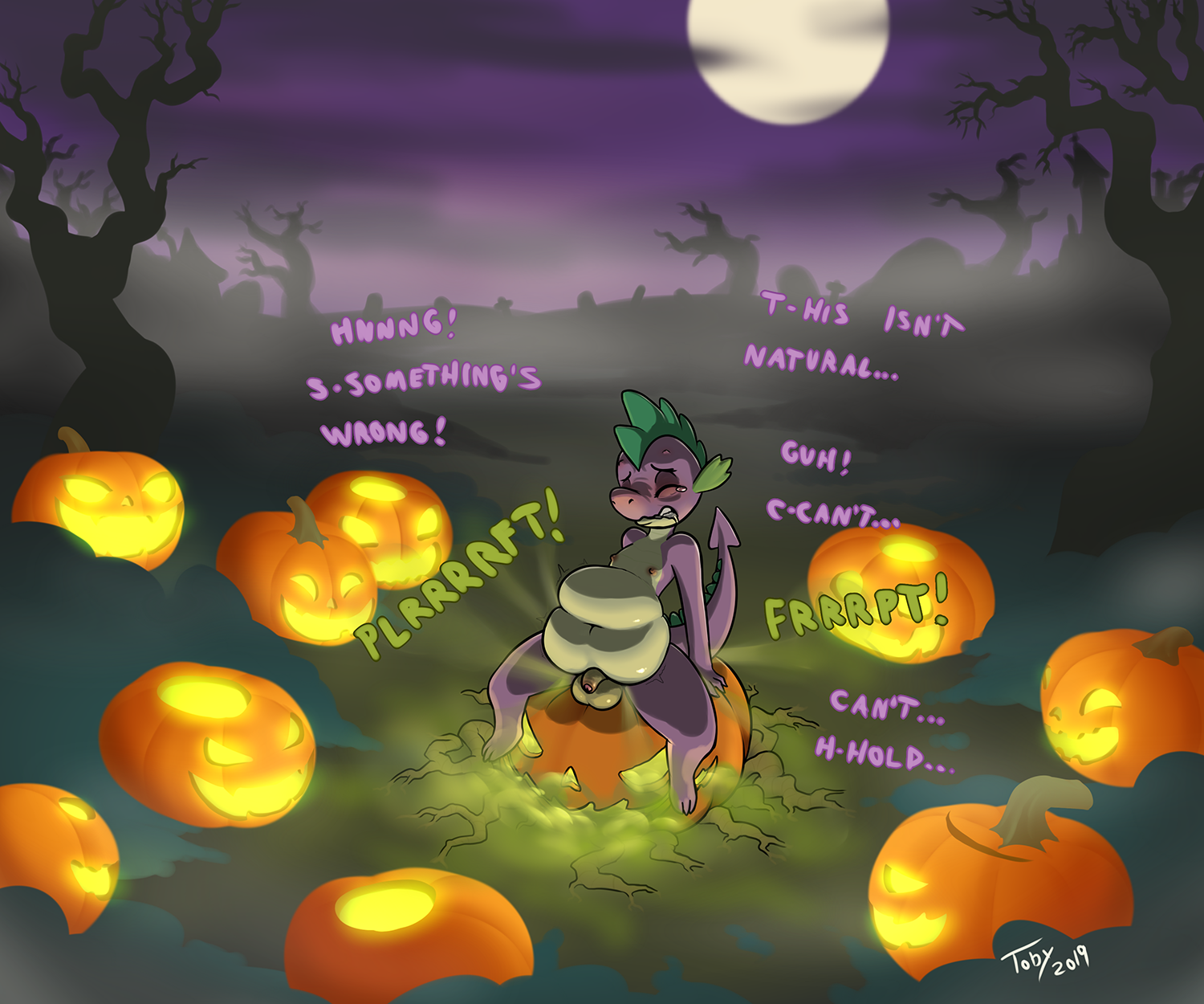 2183770 - explicit, grotesque, artist:toby_art, spike, dragon, g4, balls,  belly button, chubby, dialogue, drool, eyes closed, fart, fart fetish,  femboy, fetish, gas, halloween, holiday, male, male nipples, night,  nipples, nudity, outdoors, penis,