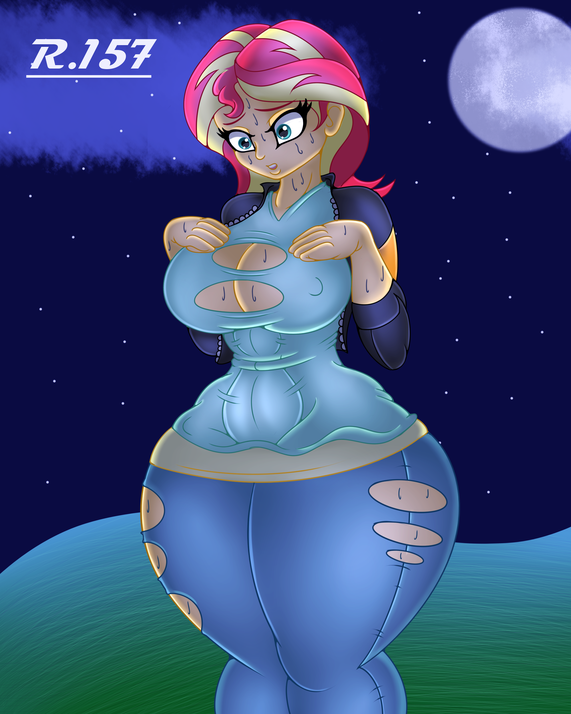 2161655 - questionable, artist:renegade-157, sunset shimmer, human,  were-pony, equestria girls, g4, big breasts, breast expansion, breasts,  busty sunset shimmer, clothes, erect nipples, female, full moon, growth,  high res, huge breasts, moon, night,