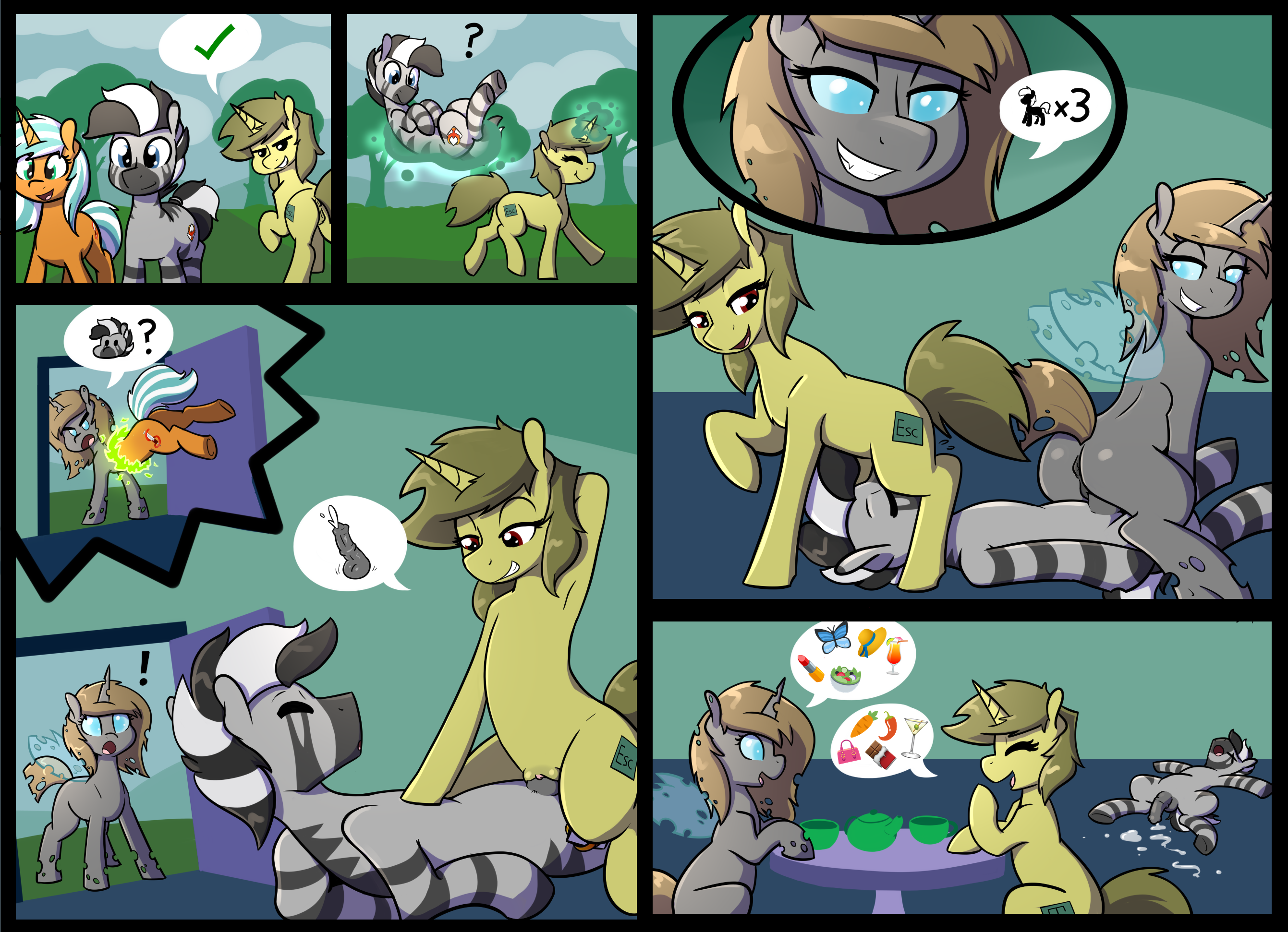 2161732 - explicit, artist:whatsapokemon, oc, oc only, oc:tani,  oc:thatsapony, oc:zephyr, changeling, pony, unicorn, zebra, aftersex, arm  behind head, armpits, bedroom eyes, brown changeling, caught, changeling  oc, comic, cowgirl position, cum ...