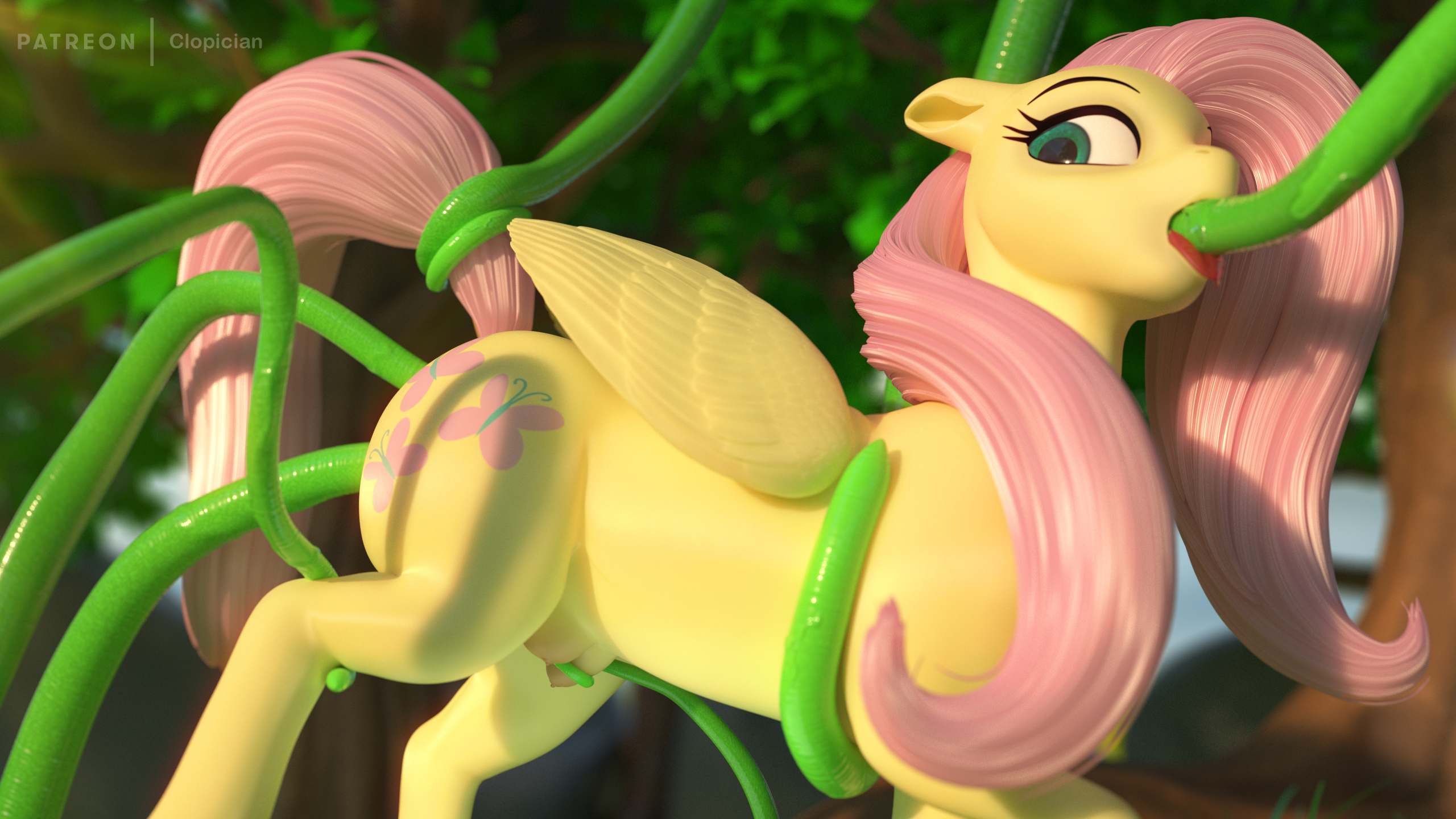 2227209 - explicit, artist:clopician, fluttershy, pegasus, pony, g4, 3d,  anal, anatomically correct, anus, autodesk maya, crotchboob squish,  crotchboobs, deepthroat, double penetration, female, fluids, flutterbutt,  forest, maya, multiple penetration ...