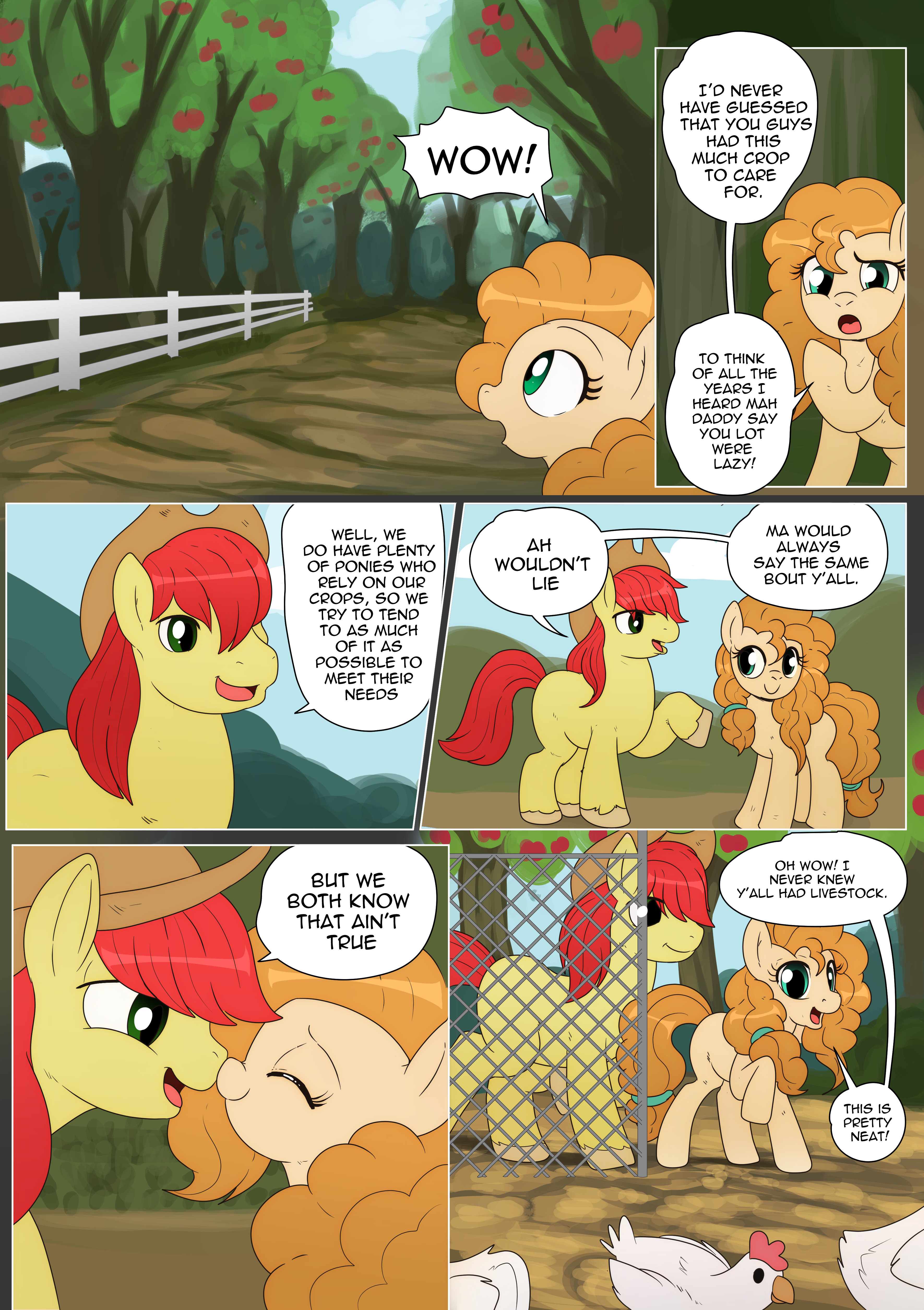1983795 - safe, artist:launny, bright mac, pear butter, bird, chicken,  earth pony, pony, comic:a dirty pear, apple orchard, boop, chicken coop,  comic, couple, farm, female, male, mare, missing cutie mark, newlywed,  stallion,