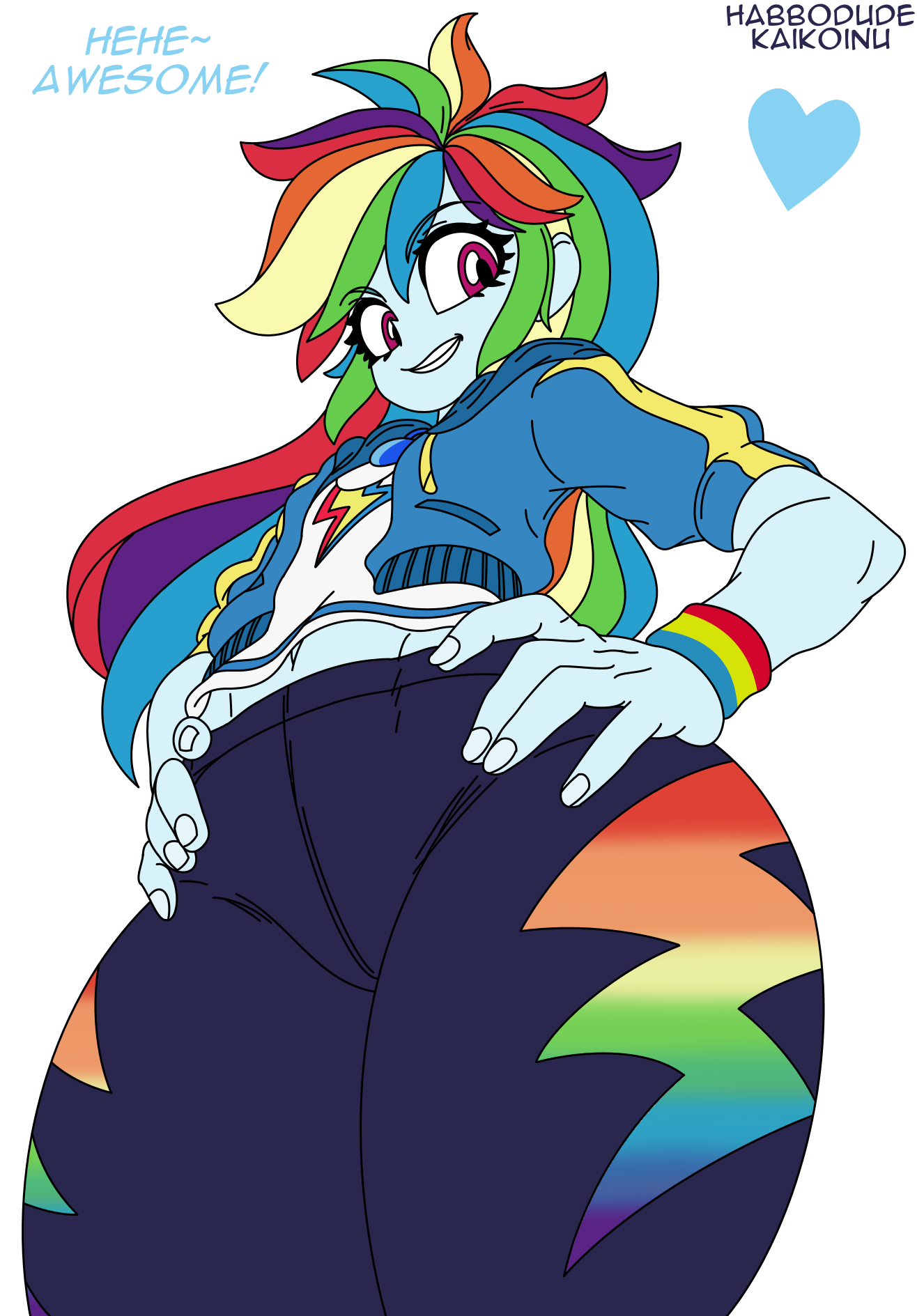 1992429 - suggestive, artist:habbodude, artist:kaikoinu, edit, rainbow  dash, equestria girls, g4, belly, belly button, breasts, clothes, colored,  cutie mark on clothes, delicious flat chest, female, hand on hip, happy,  heart, hoodie, leggings,