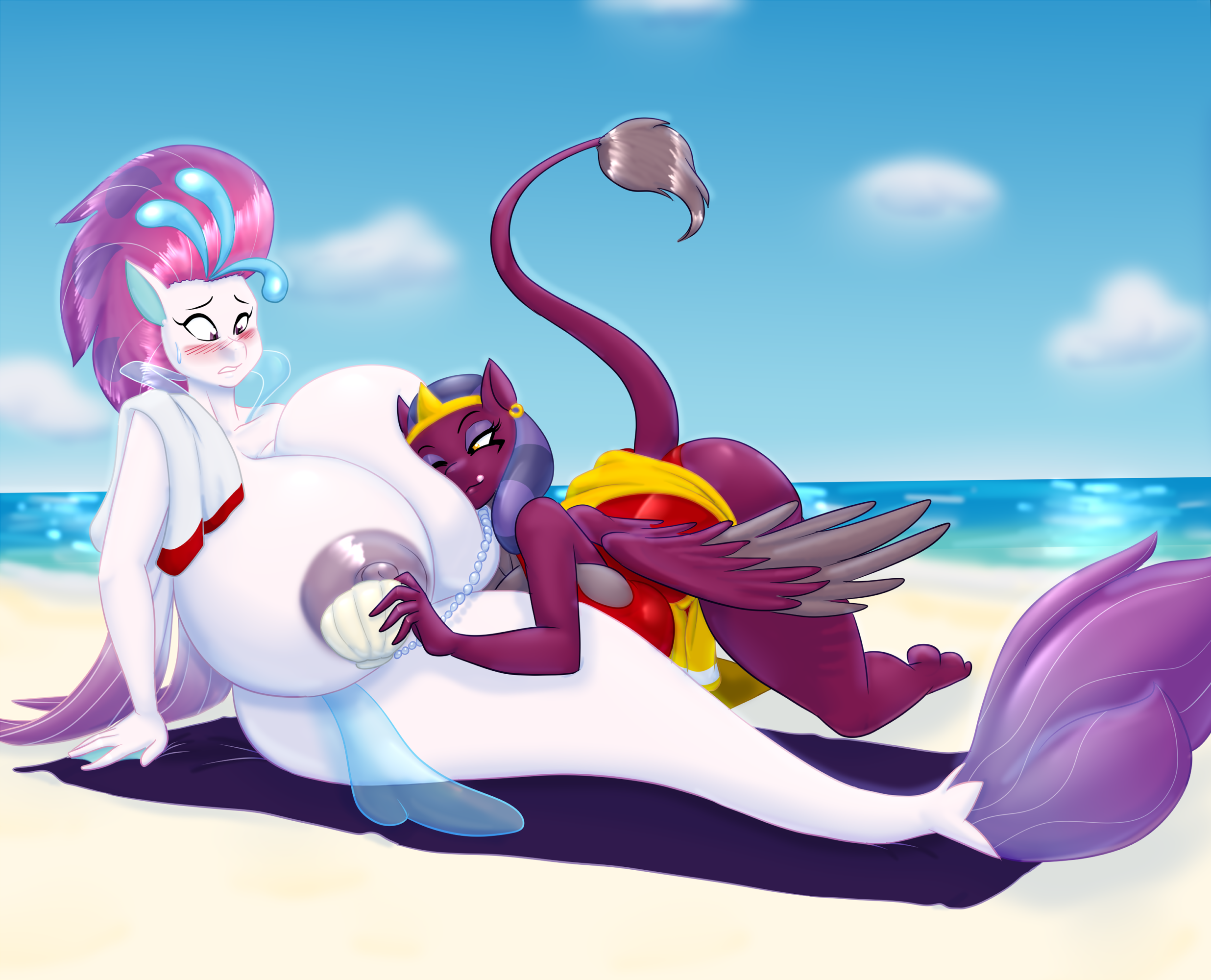 2043830 - questionable, artist:blues64, artist:marauder6272, edit, queen  novo, the sphinx, seapony (g4), sphinx, anthro, plantigrade anthro, g4, my  little pony: the movie, areola, assisted exposure, beach, big areola, big  breasts, big nipples,