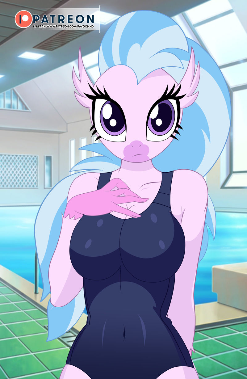 2045265 - suggestive, artist:raydonxd, silverstream, hippogriff, anthro, belly button, breasts, busty silverstream, female, hand on chest, looking at you, one-piece swimsuit, patreon, patreon logo, solo, solo female, stupid sexy silverstream ...