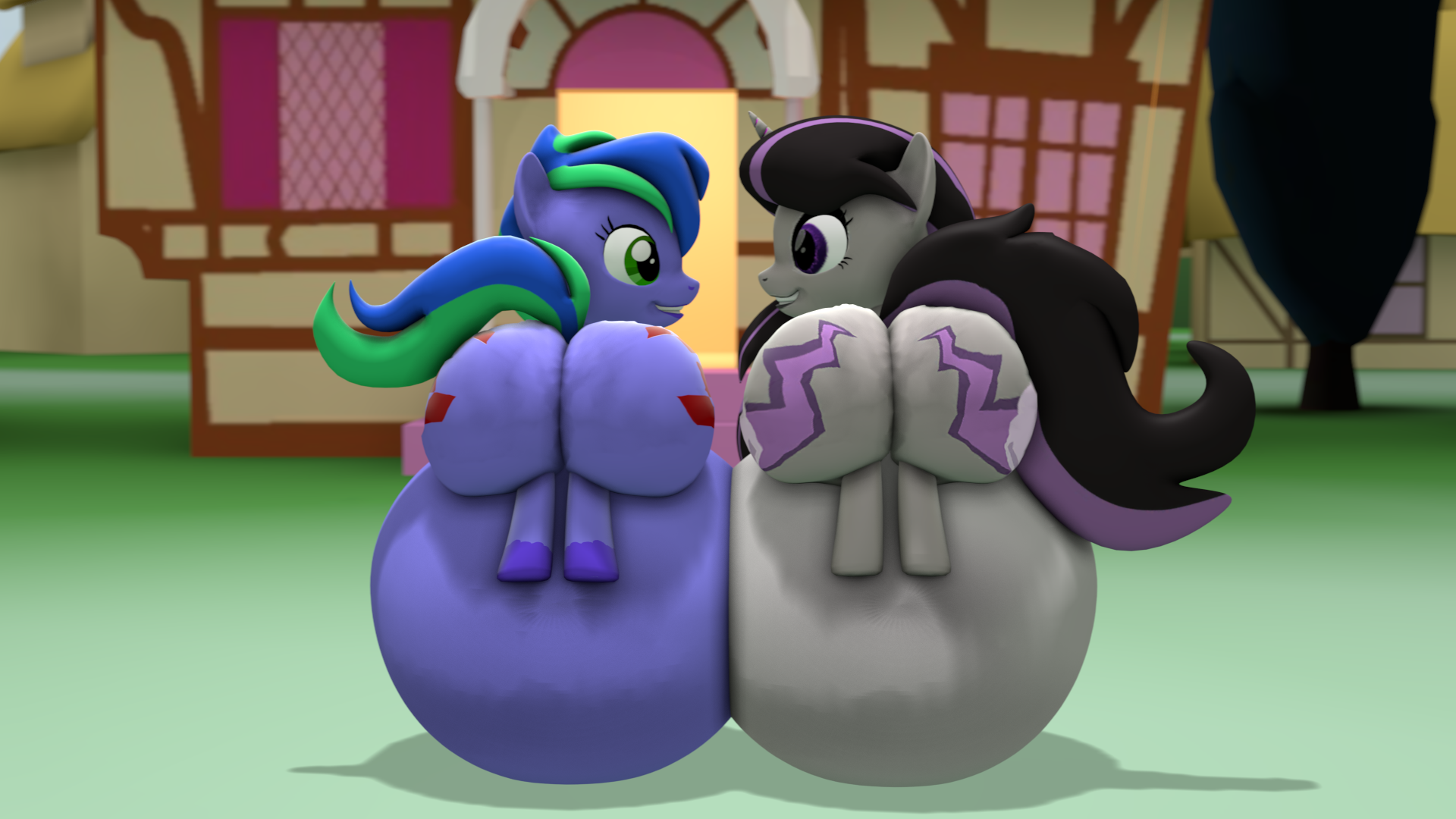 2072822 - questionable, artist:neoar2000, oc, oc:felicity stars,  oc:magna-save, pony, 3d, belly, belly bed, both cutie marks, fat, fat  fetish, fetish, gift art, impossibly large belly, large butt, looking at  each other, magslicity,