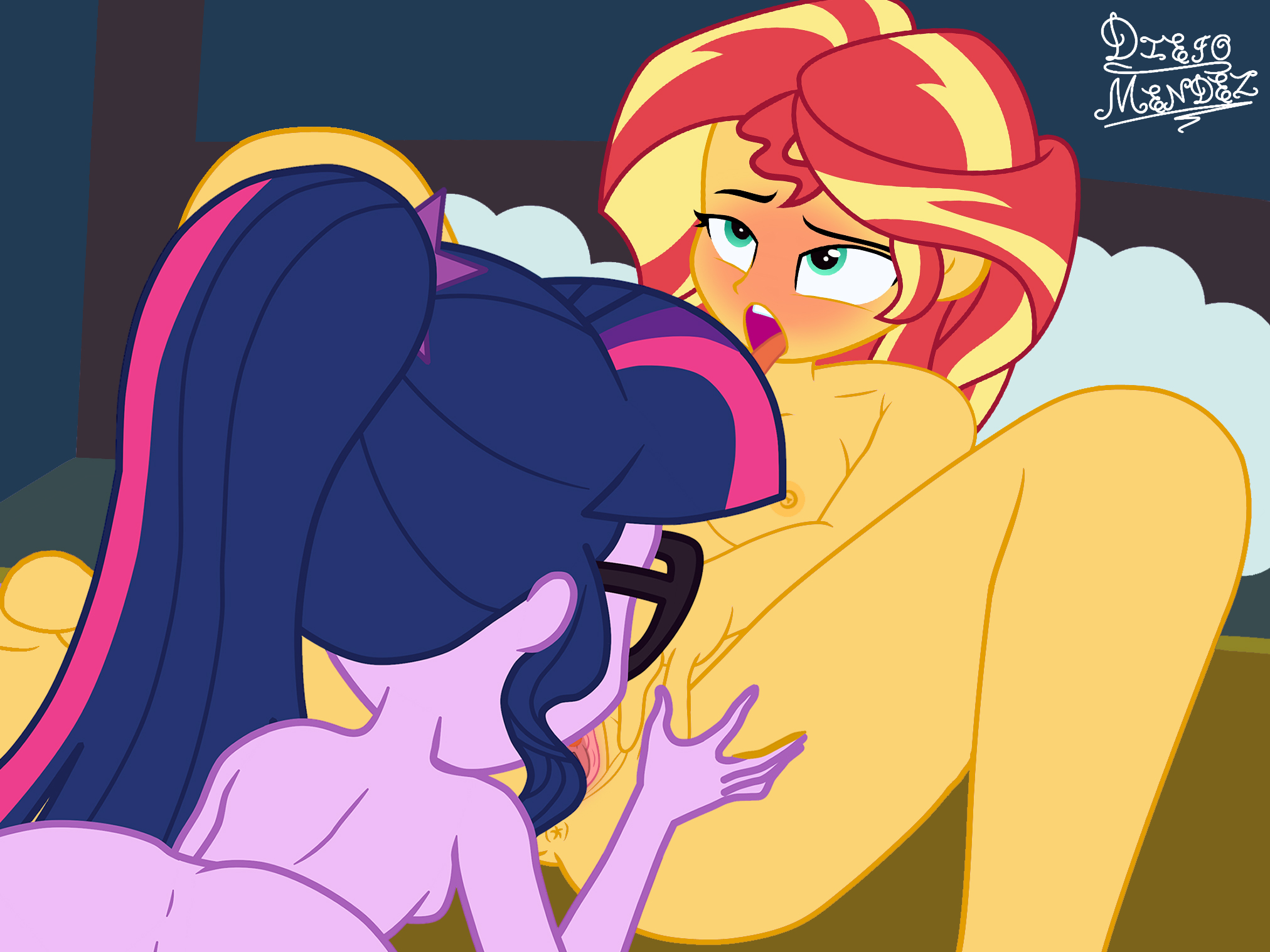 2085326 - explicit, artist:cloppy hooves, artist:diego mendez, edit,  editor:celestiagonewild, editor:lexx disaster, vector edit, sci-twi, sunset  shimmer, twilight sparkle, human, equestria girls, g4, ahegao, anus, ass,  barefoot, bed, blushing, breasts ...