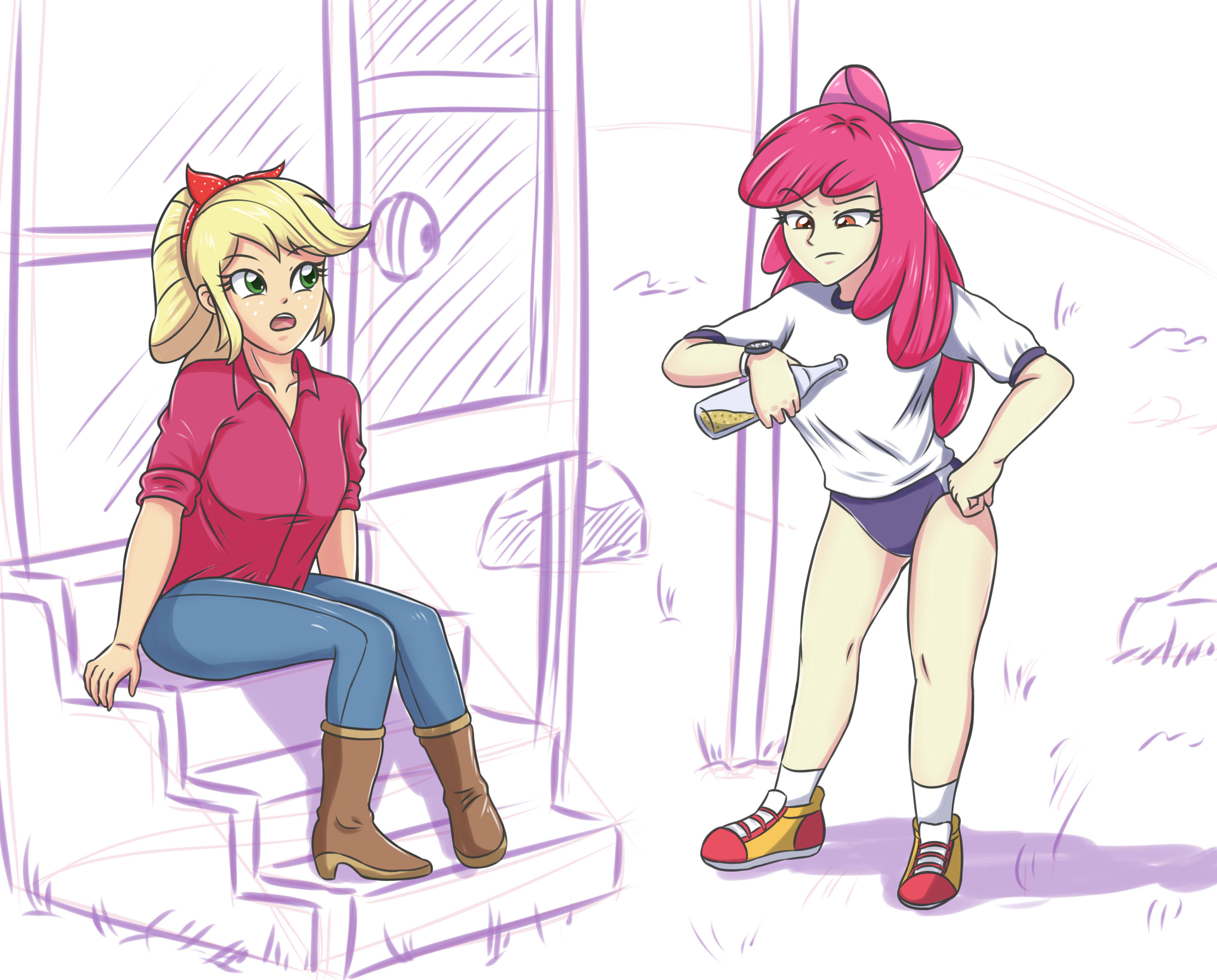 2129865 - safe, artist:sumin6301, apple bloom, applejack, human, equestria  girls, g4, apple bloom's bow, apple sisters, bow, buruma, clothes, drink,  duo, duo female, female, hair bow, high res, pants, shirt, shoes, siblings