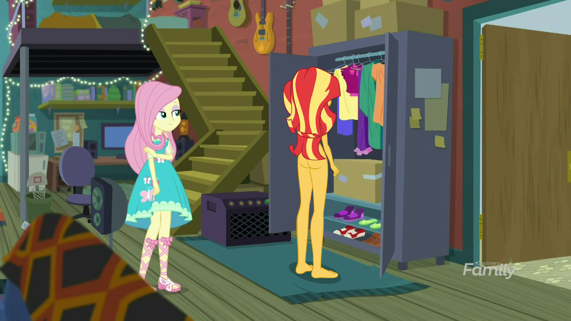 2143934 - amplifier, artist:invisibleink, ass, barefoot, bunset shimmer,  butt, casual nudity, clothed female nude female, clothes, computer, costume  conundrum, costume conundrum: sunset shimmer, discovery family logo, dress,  edit, edited screencap ...